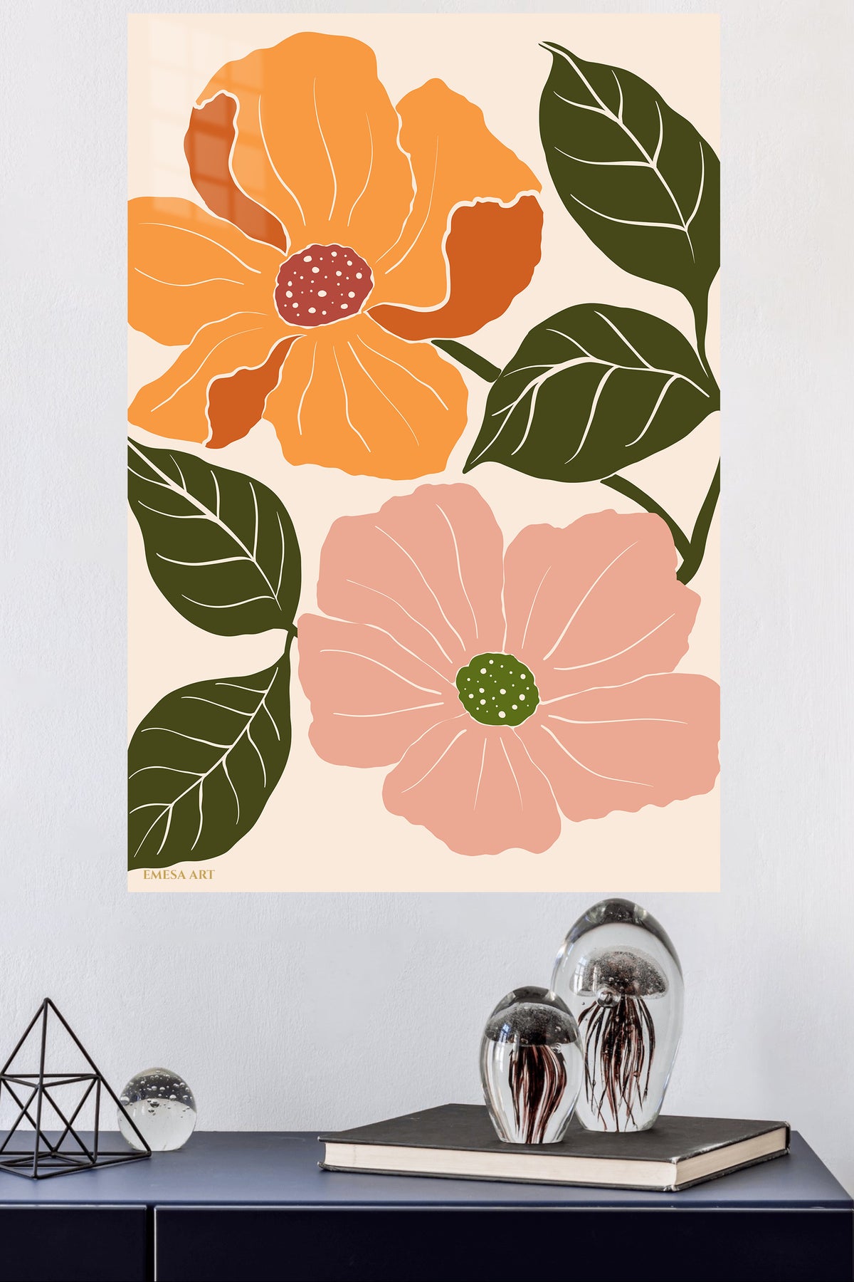 Terracotta Blossom Duo metal wall art displayed in a modern interior