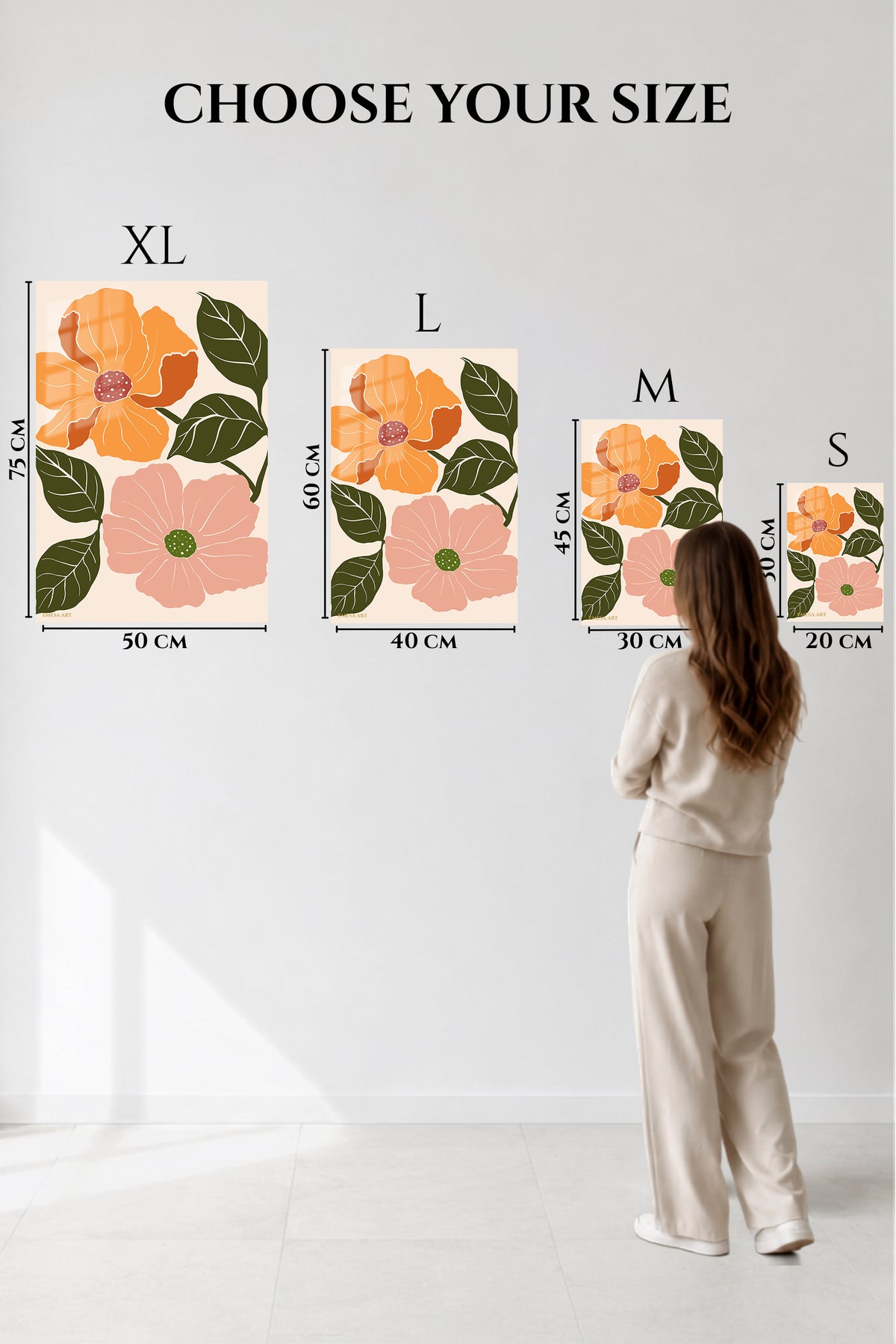 EMESA metal wall art size comparison guide for Terracotta Blossom Duo