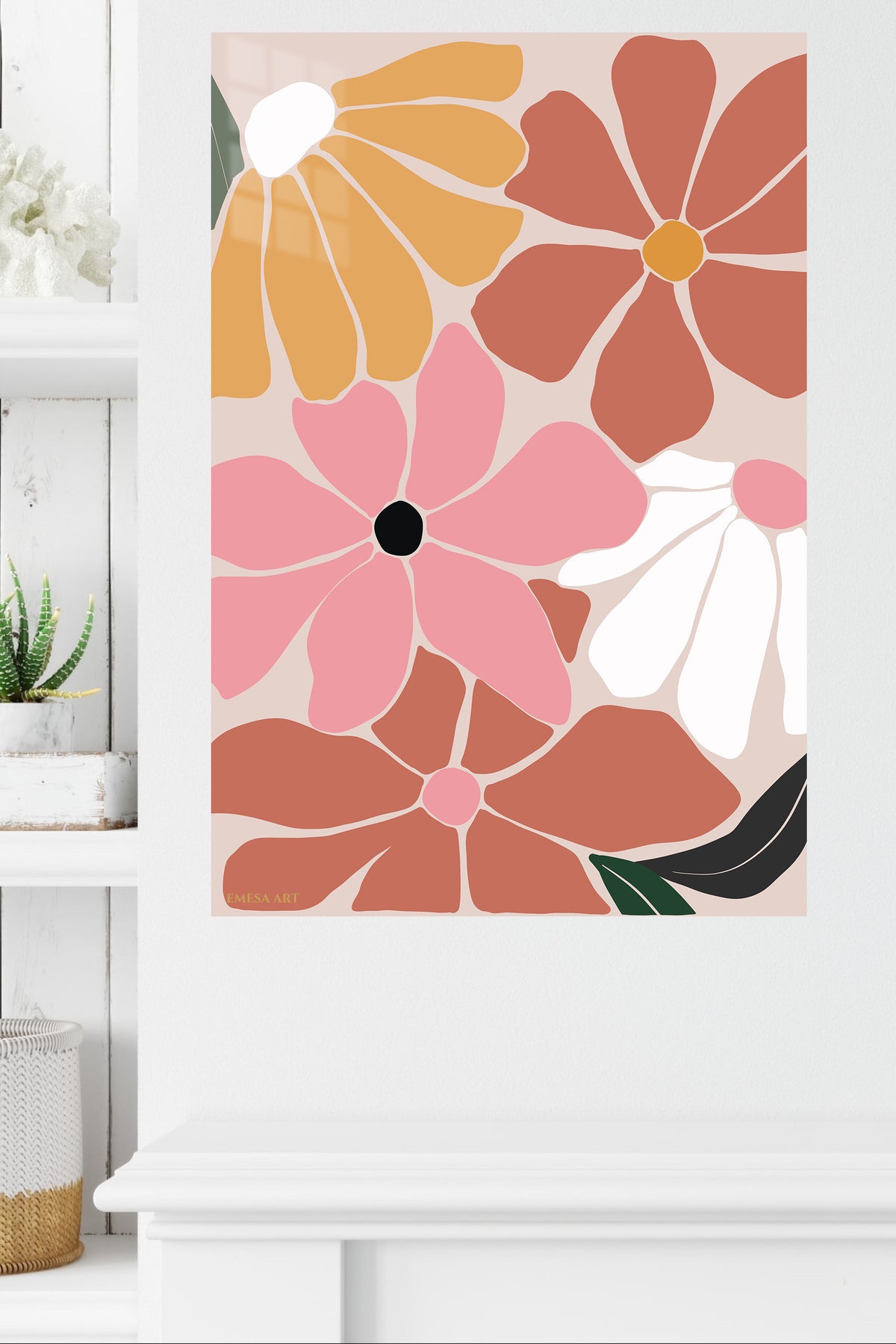 Terracotta Garden Blooms metal wall art displayed in a modern interior