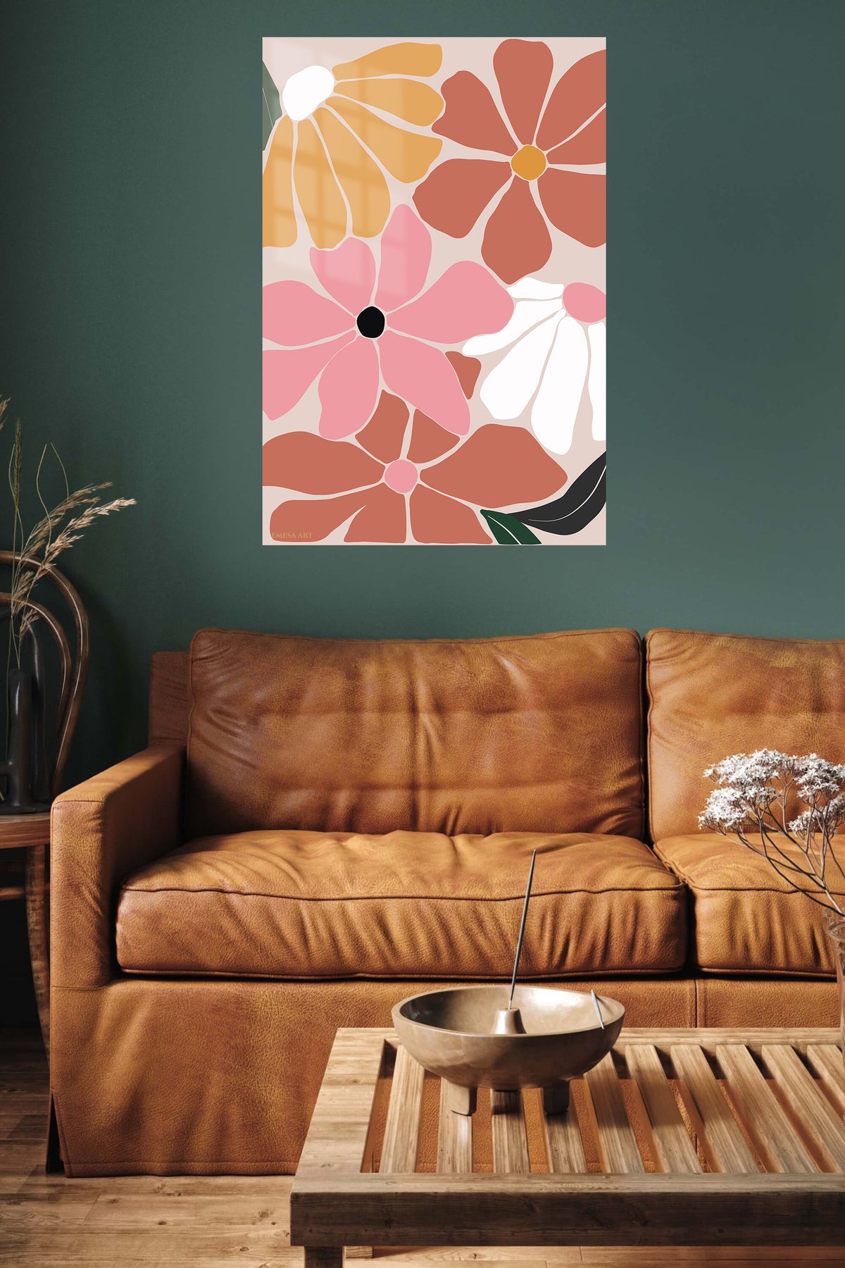 Terracotta Garden Blooms metal wall art displayed in a contemporary living space