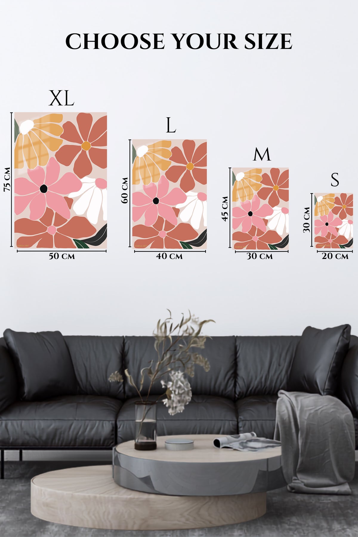 EMESA metal wall art size comparison guide for Terracotta Garden Blooms