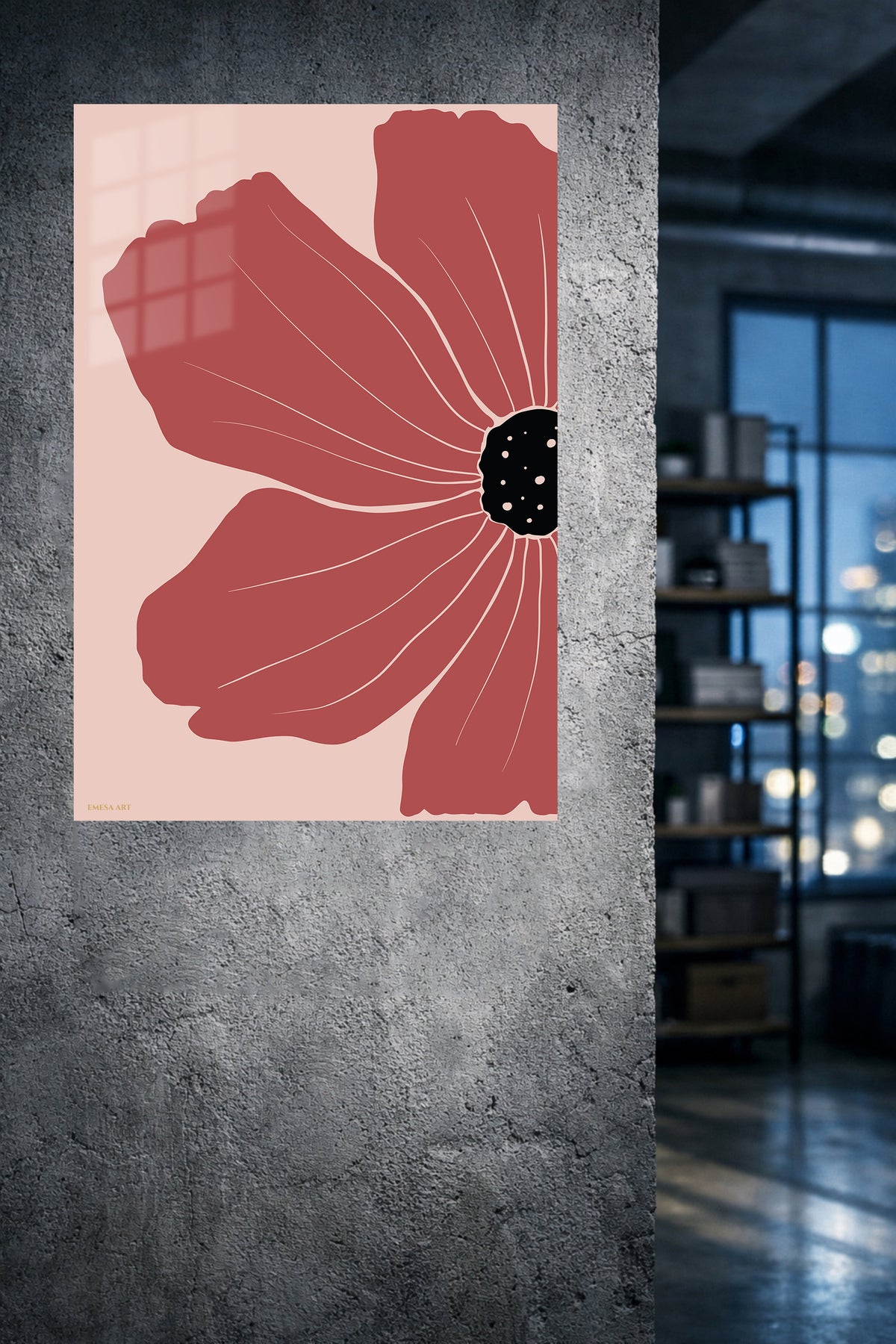 Terracotta Poppy Bloom metal wall art displayed in a modern interior