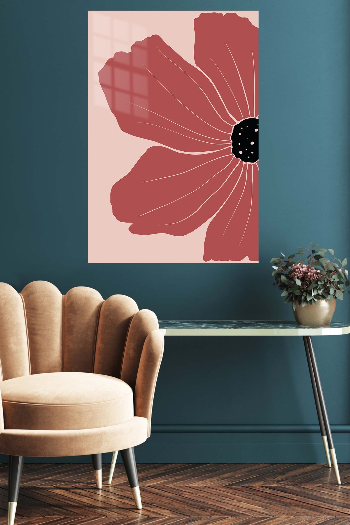 Terracotta Poppy Bloom metal wall art displayed in a contemporary living space