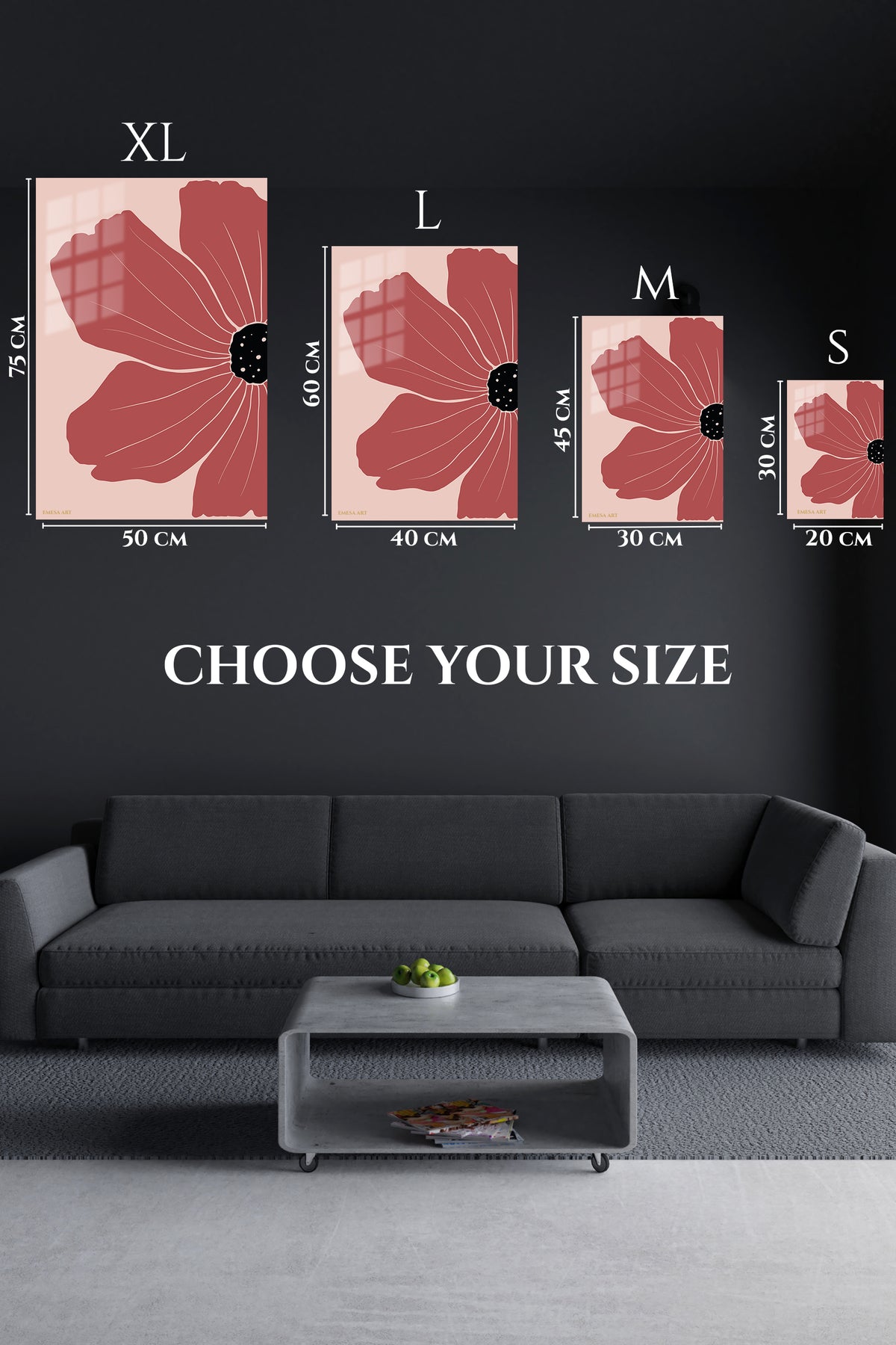 EMESA metal wall art size comparison guide for Terracotta Poppy Bloom