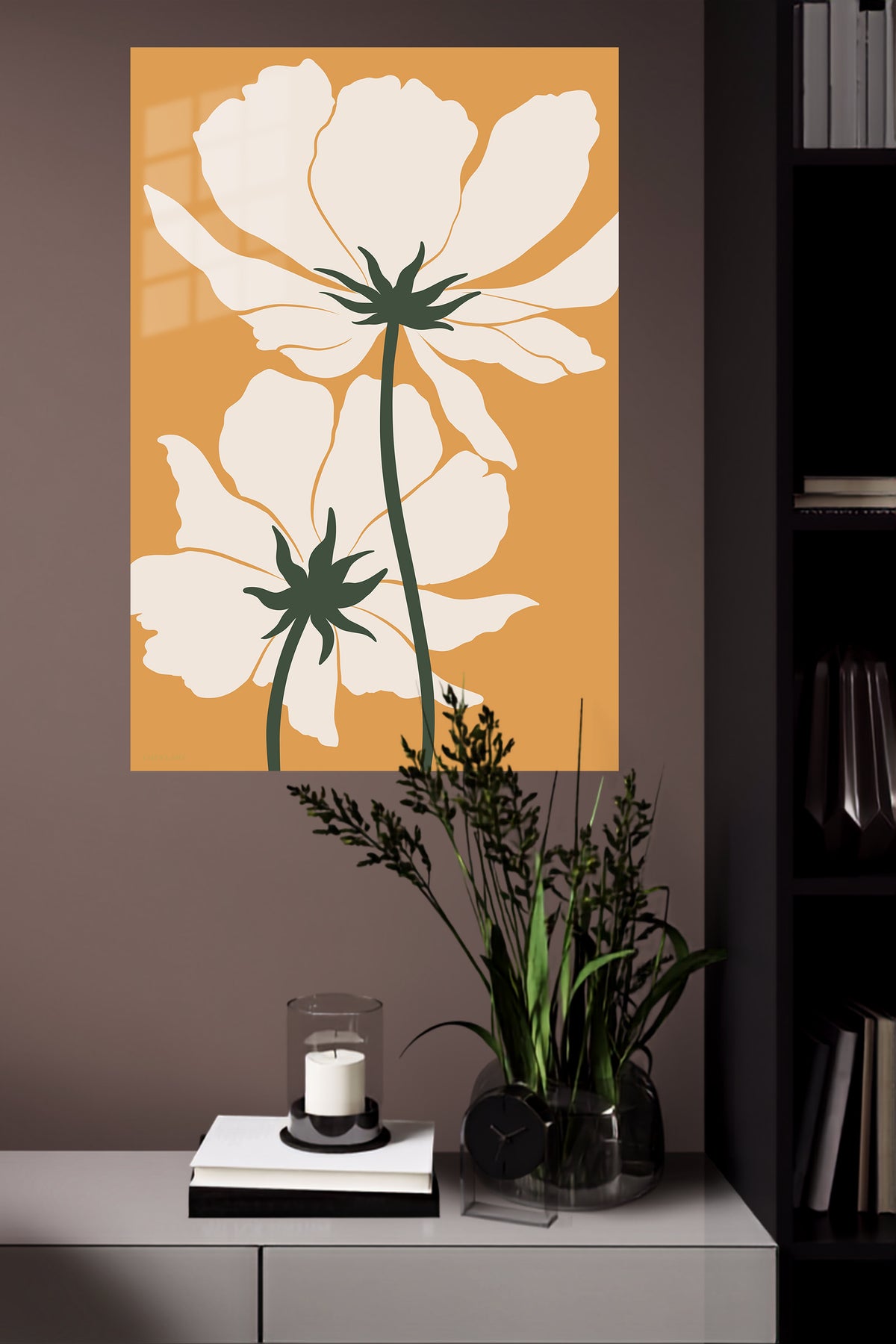 Cream Wildflowers on Ochre metal wall art displayed in a modern interior