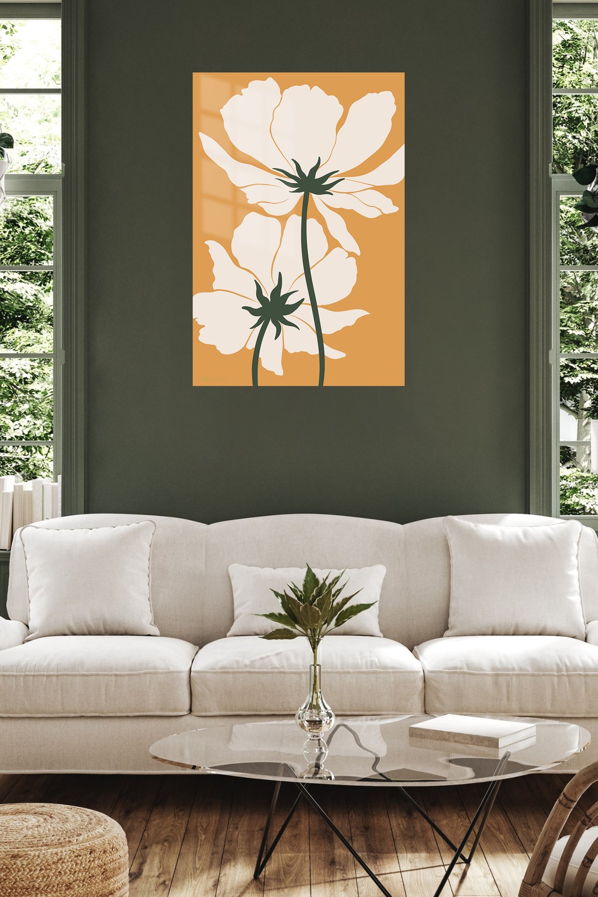 Cream Wildflowers on Ochre metal wall art displayed in a contemporary living space
