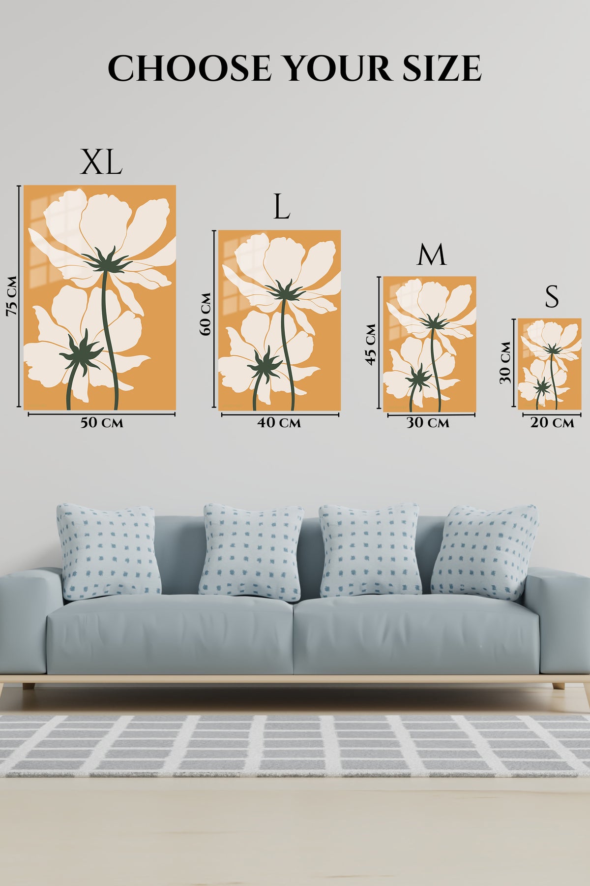 EMESA metal wall art size comparison guide for Cream Wildflowers on Ochre