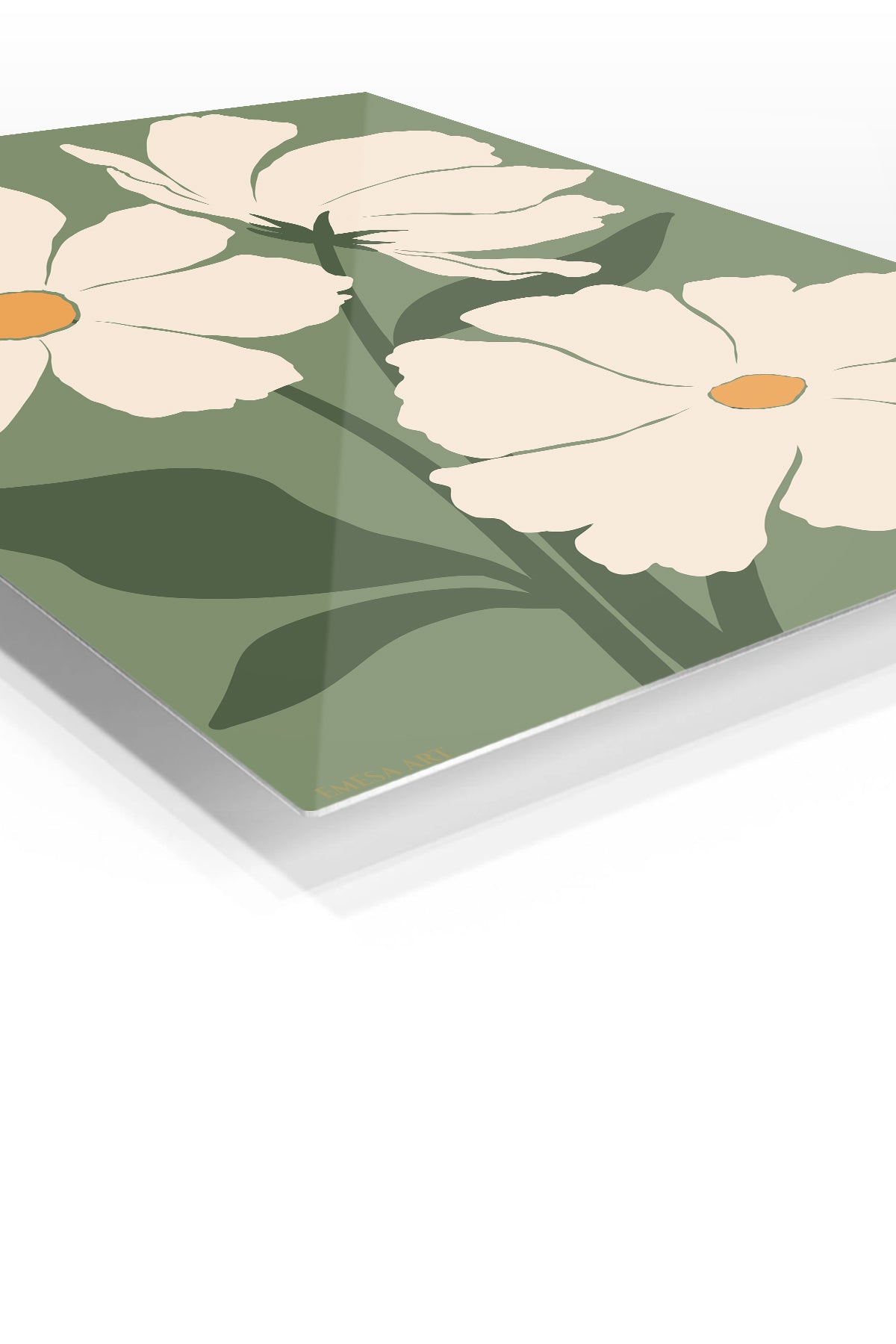 Cream Poppies on Olive Green premium metal wall art – angled view