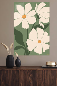 Cream Poppies on Olive Green metal wall art displayed in a modern interior