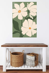 Cream Poppies on Olive Green metal wall art displayed in a contemporary living space