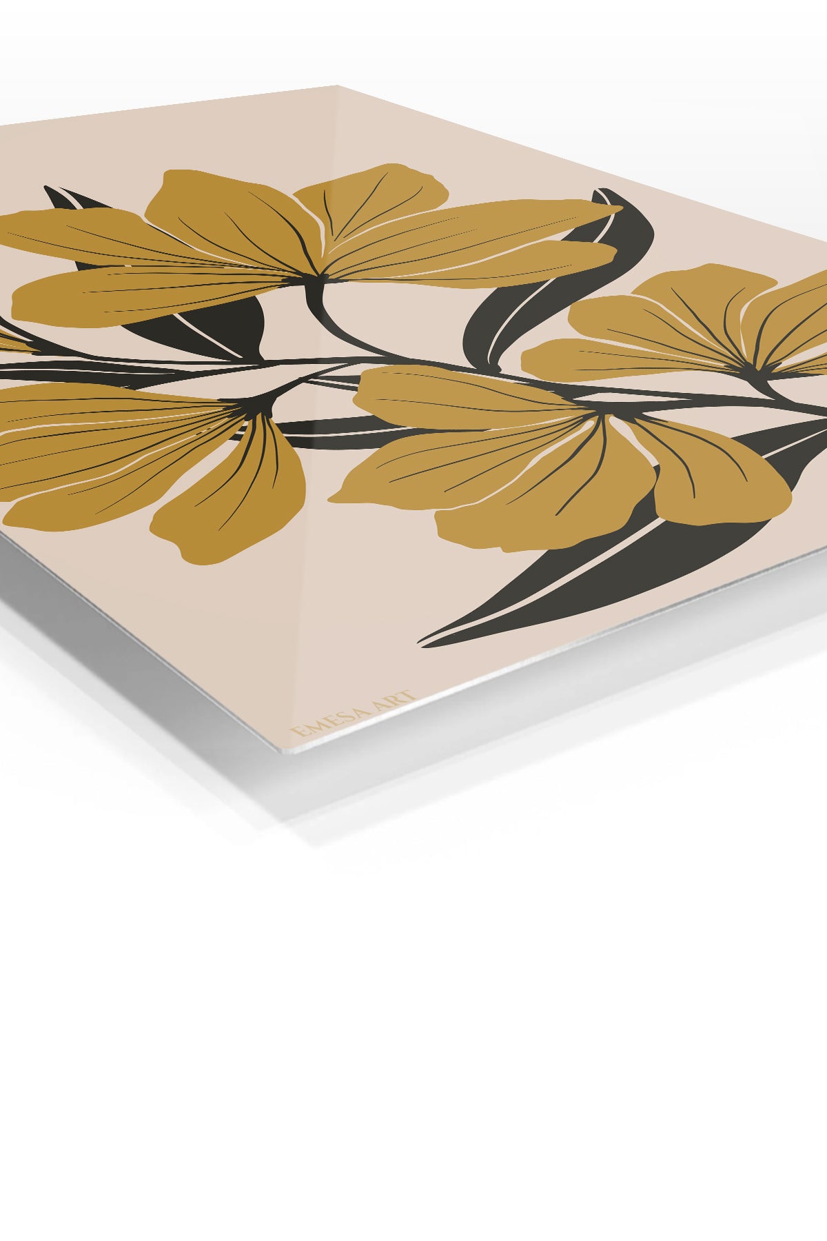 Ochre Botanical Bloom premium metal wall art – angled view