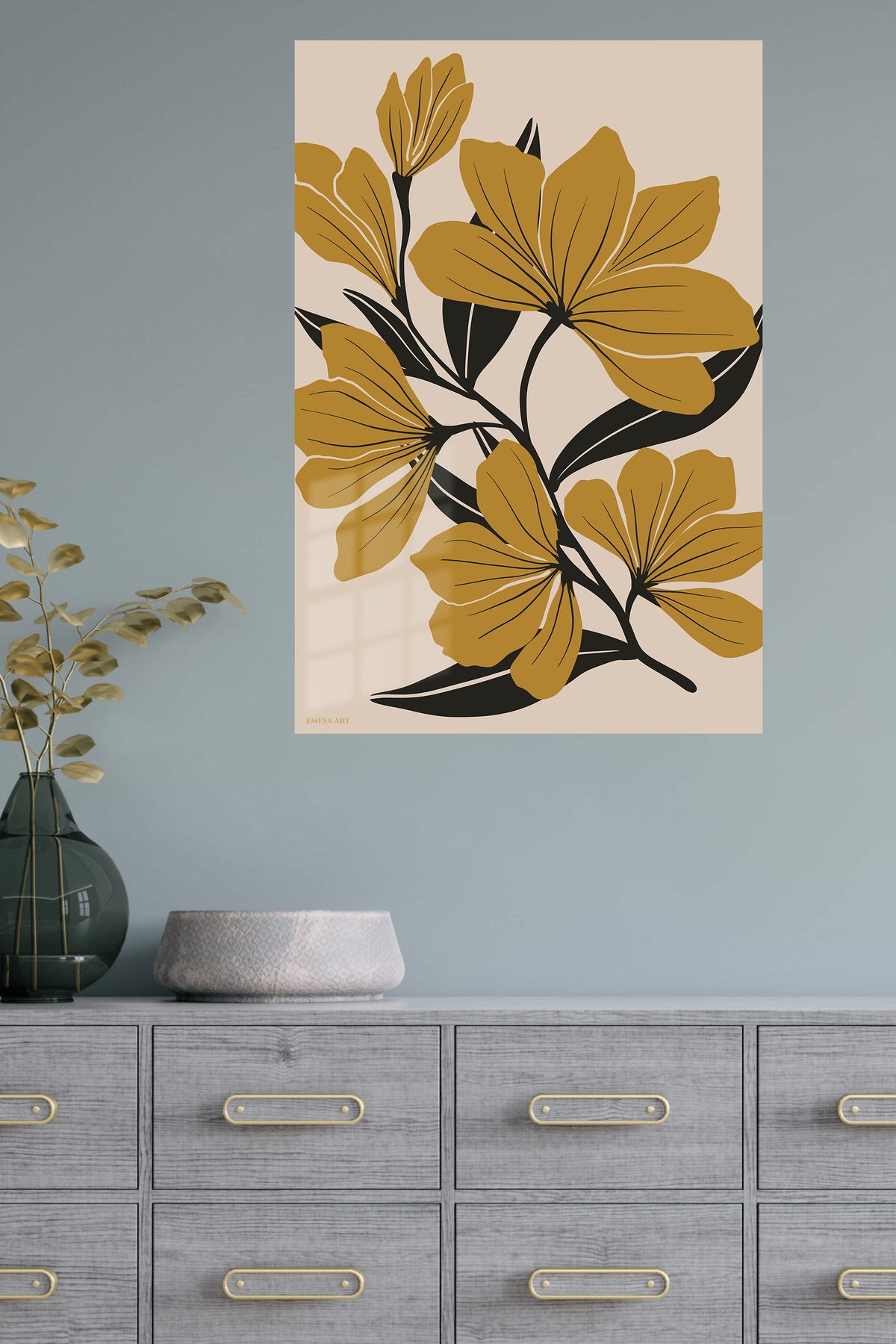 Ochre Botanical Bloom metal wall art displayed in a modern interior