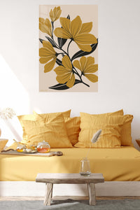 Ochre Botanical Bloom metal wall art displayed in a contemporary living space