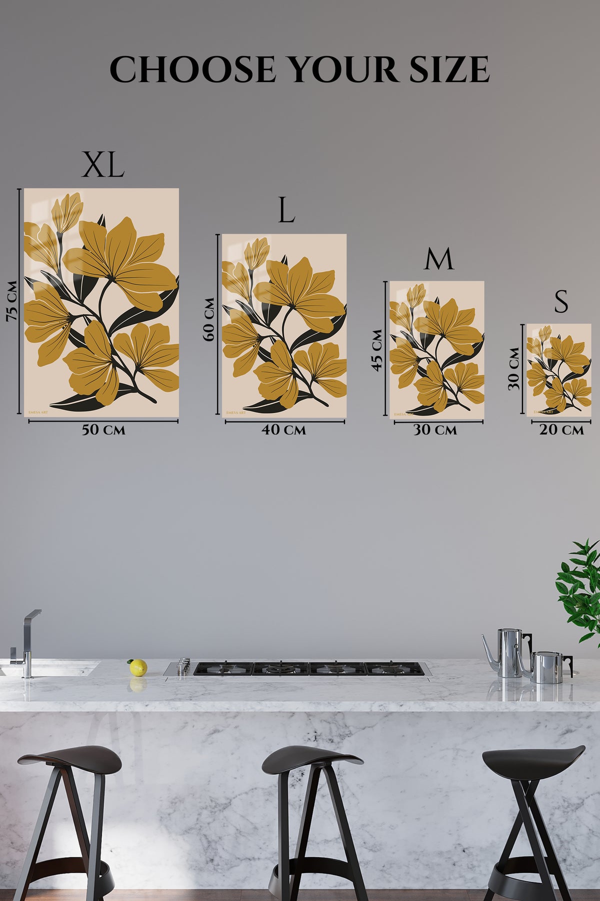 EMESA metal wall art size comparison guide for Ochre Botanical Bloom