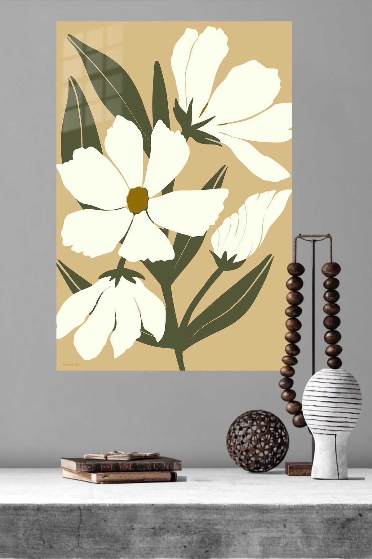Cream Botanical Bloom metal wall art displayed in a modern interior