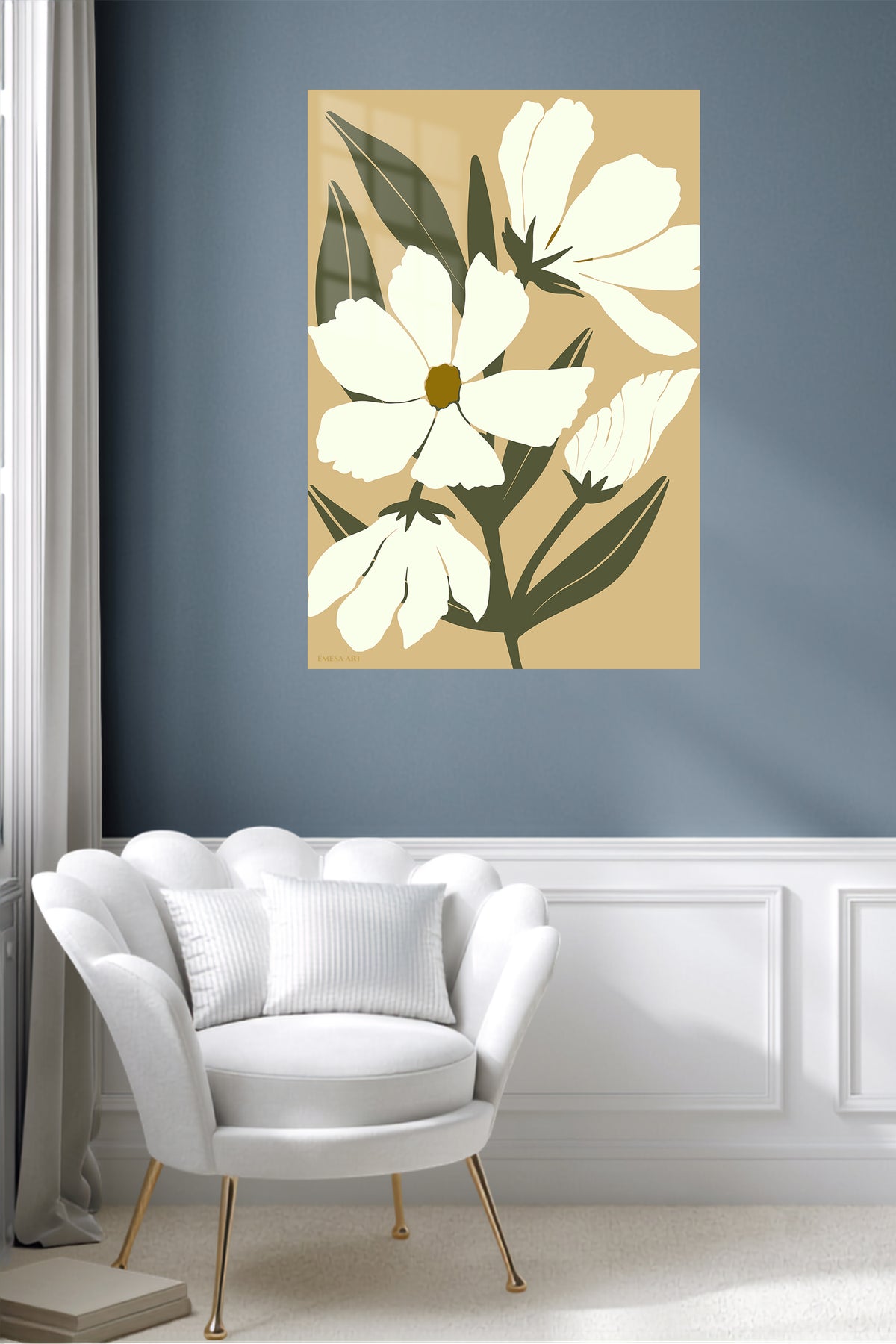 Cream Botanical Bloom metal wall art displayed in a contemporary living space