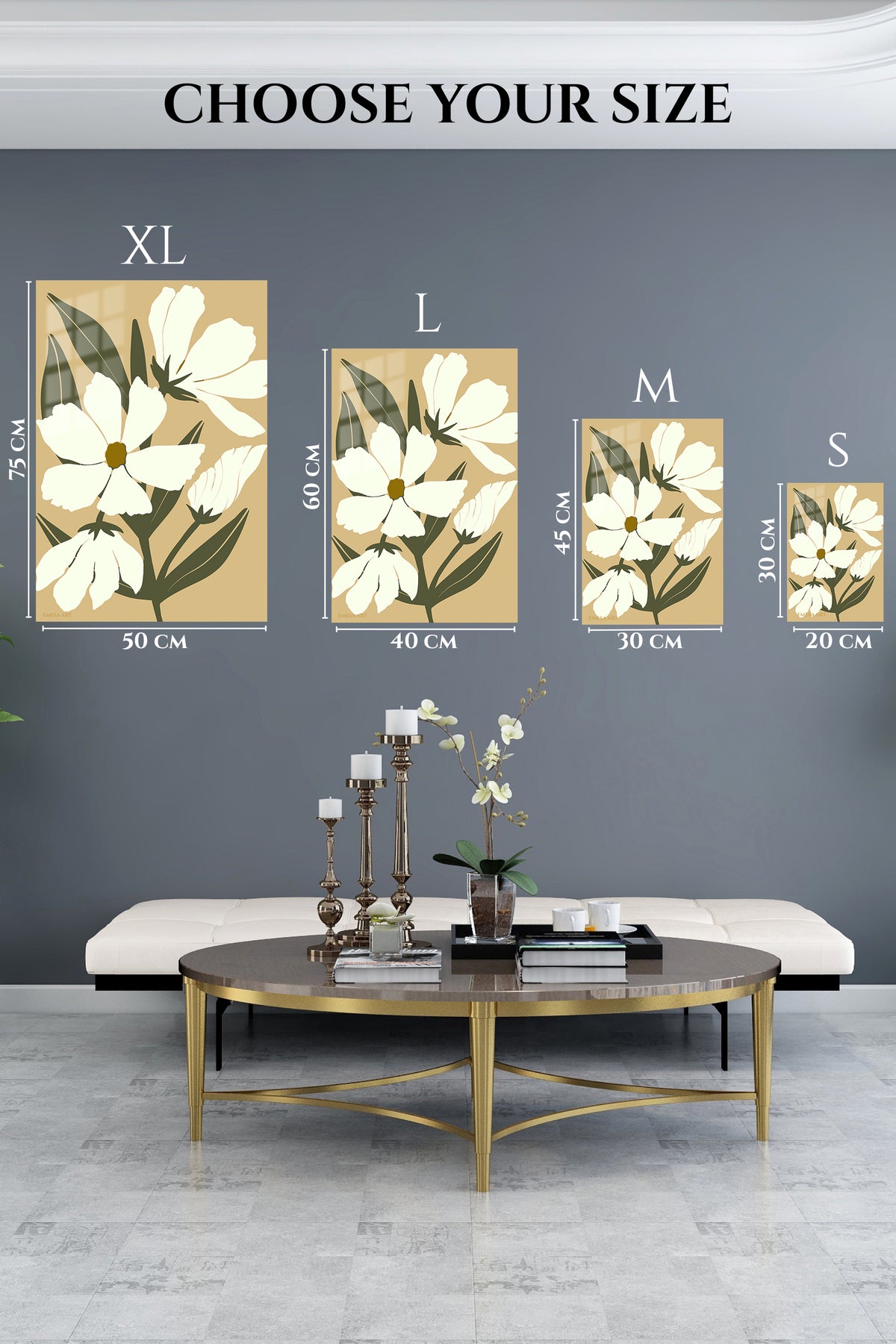 EMESA metal wall art size comparison guide for Cream Botanical Bloom