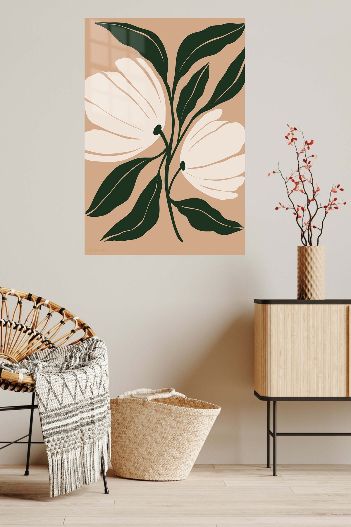 Cream Blossom Botanical metal wall art displayed in a contemporary living space