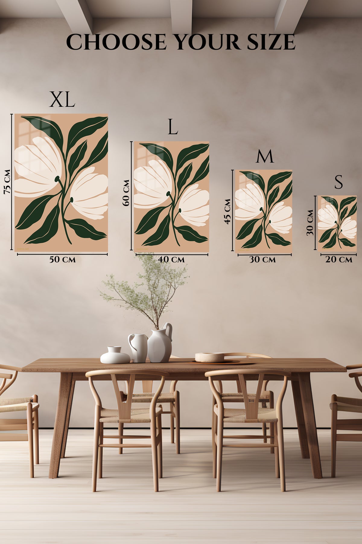 EMESA metal wall art size comparison guide for Cream Blossom Botanical