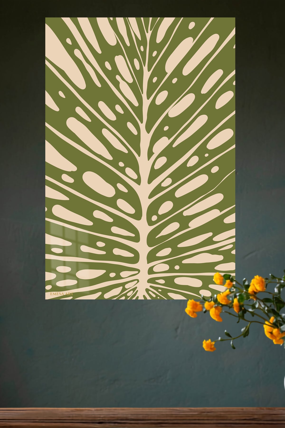 Olive Botanical Veins metal wall art displayed in a modern interior