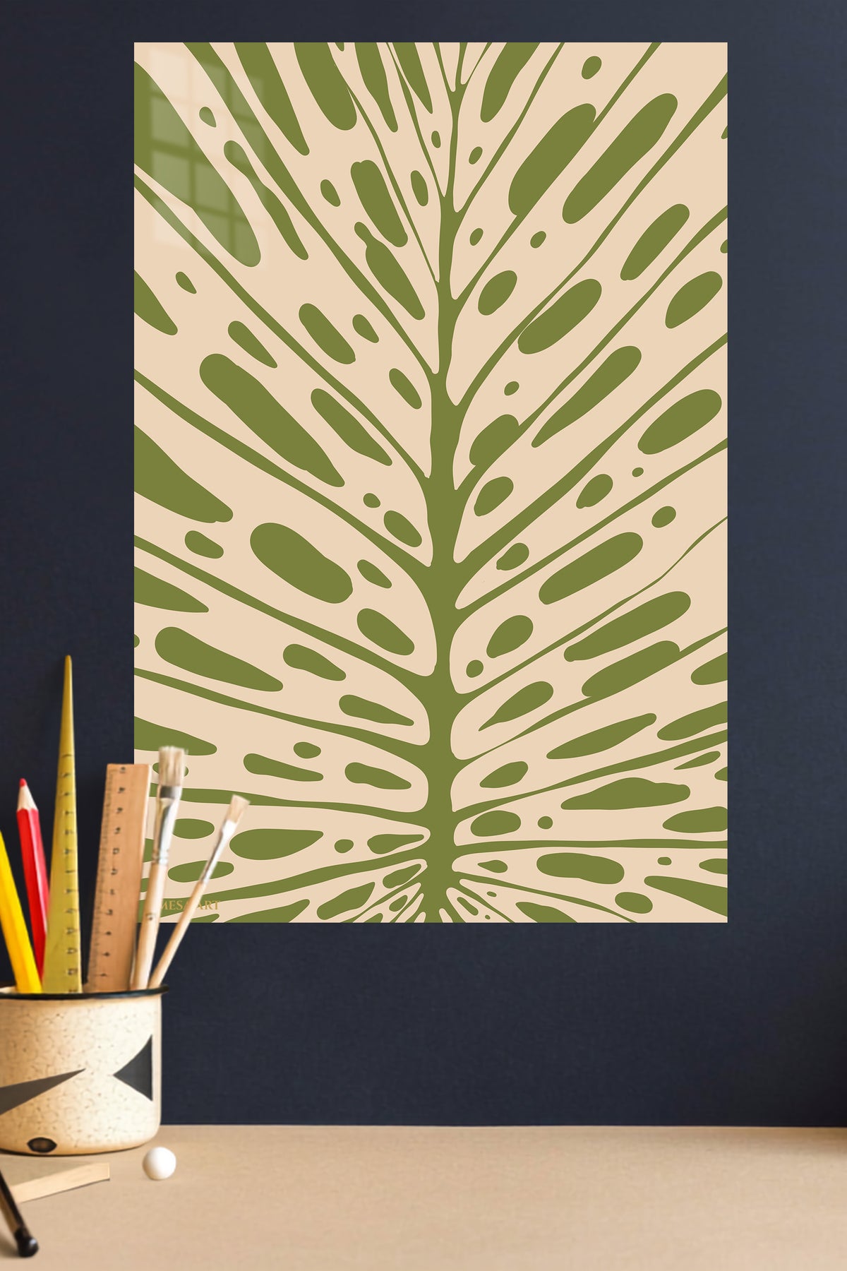 Olive Botanical Burst metal wall art displayed in a modern interior
