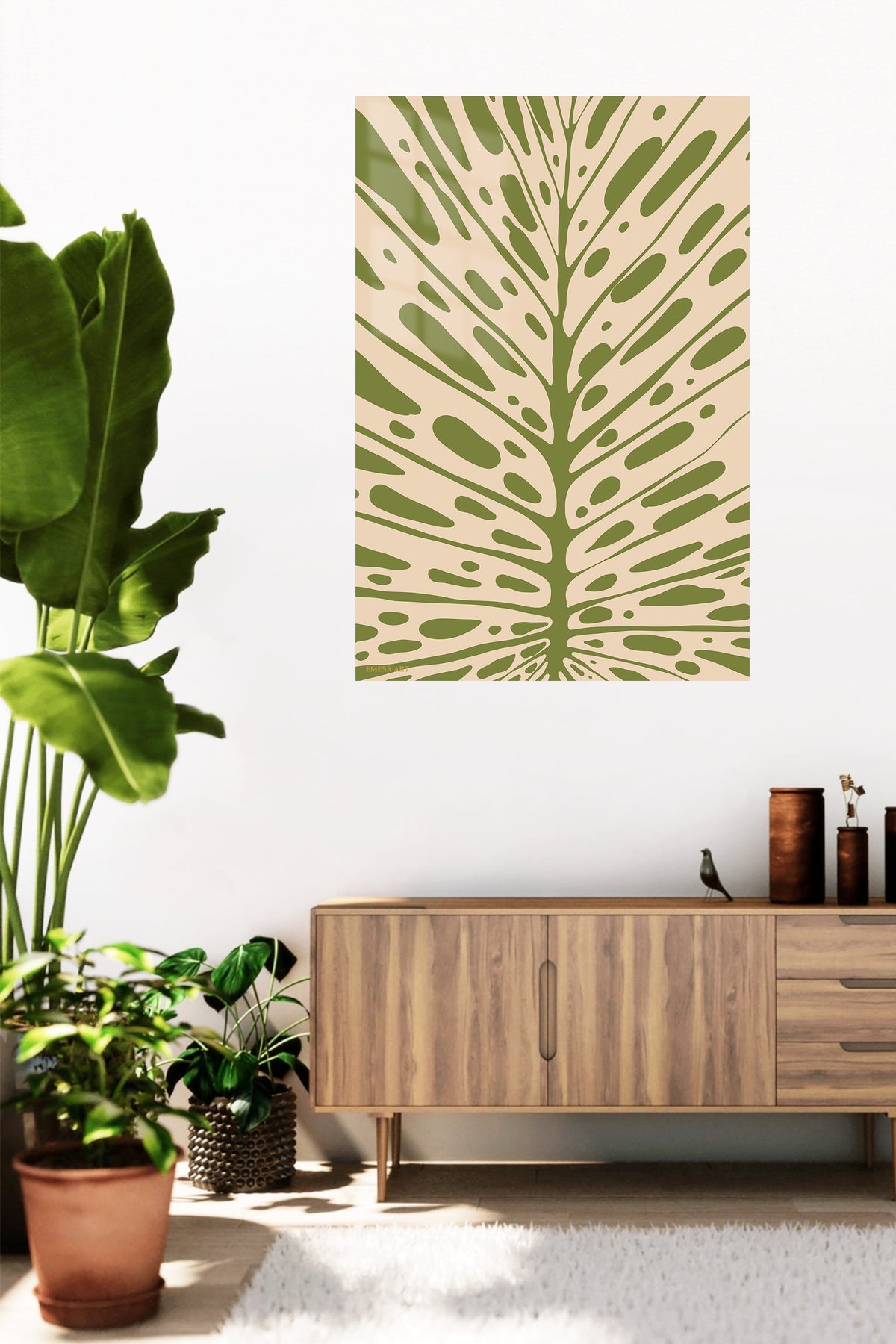 Olive Botanical Burst metal wall art displayed in a contemporary living space