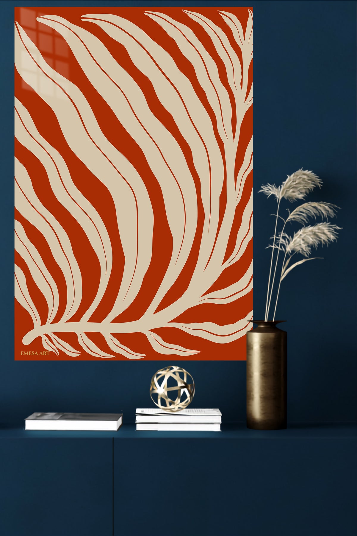 Terracotta Botanical Fronds metal wall art displayed in a modern interior
