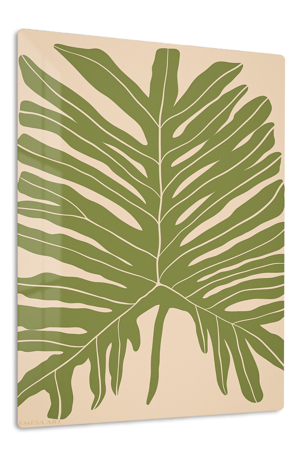 Olive Tropical Leaf Silhouette premium metal wall art – front view