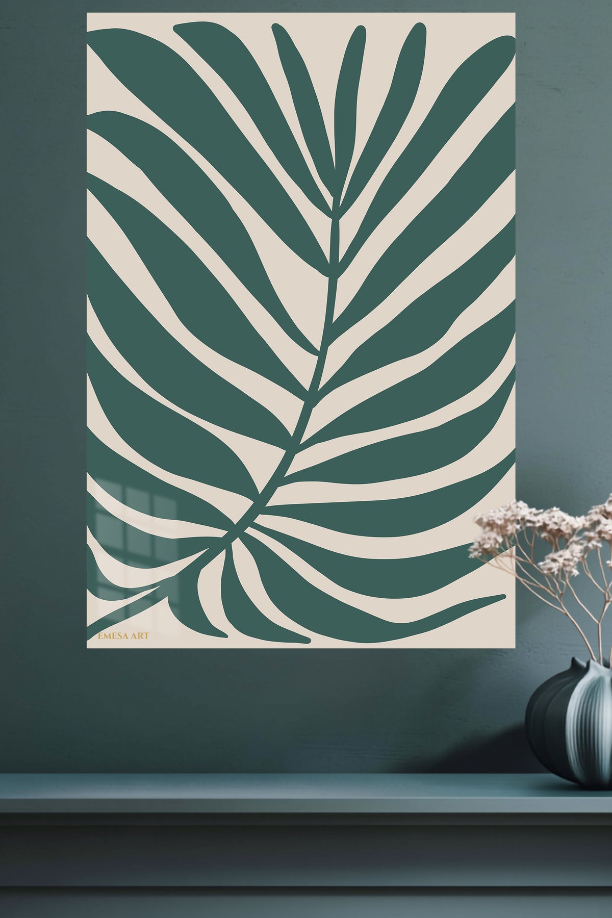 Deep Green Tropical Leaf metal wall art displayed in a modern interior