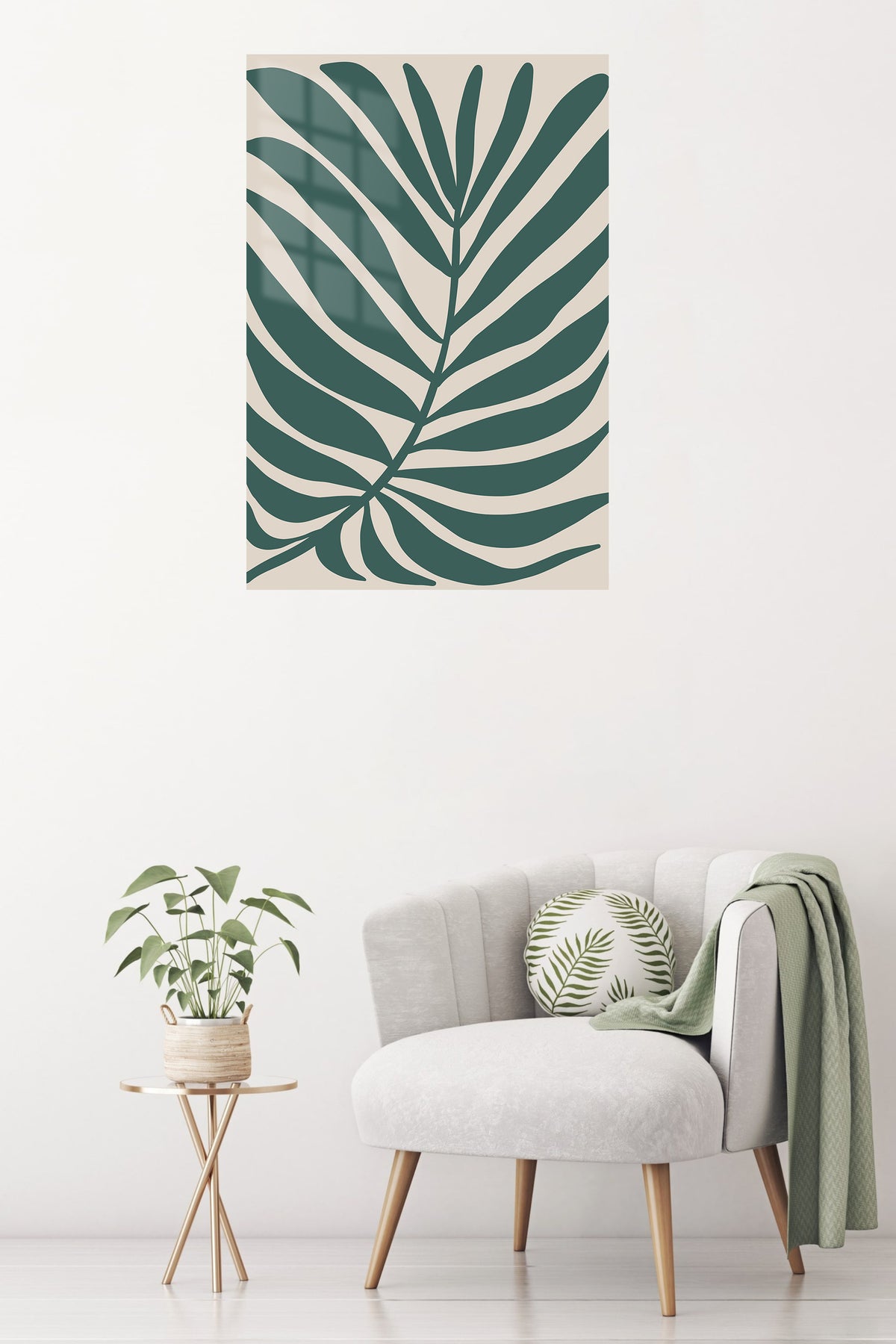 Deep Green Tropical Leaf metal wall art displayed in a contemporary living space