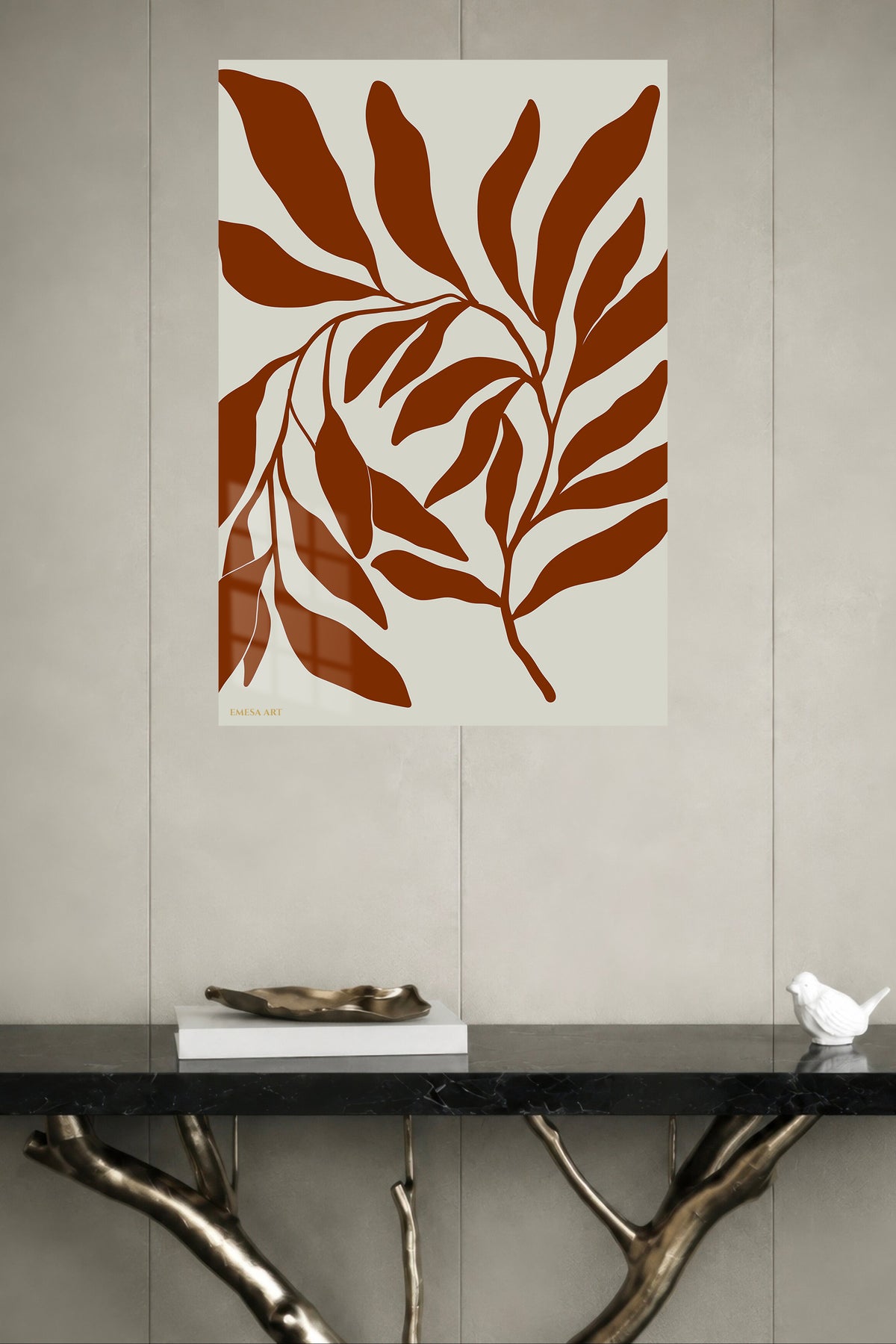 Rust Botanical Silhouette metal wall art displayed in a modern interior
