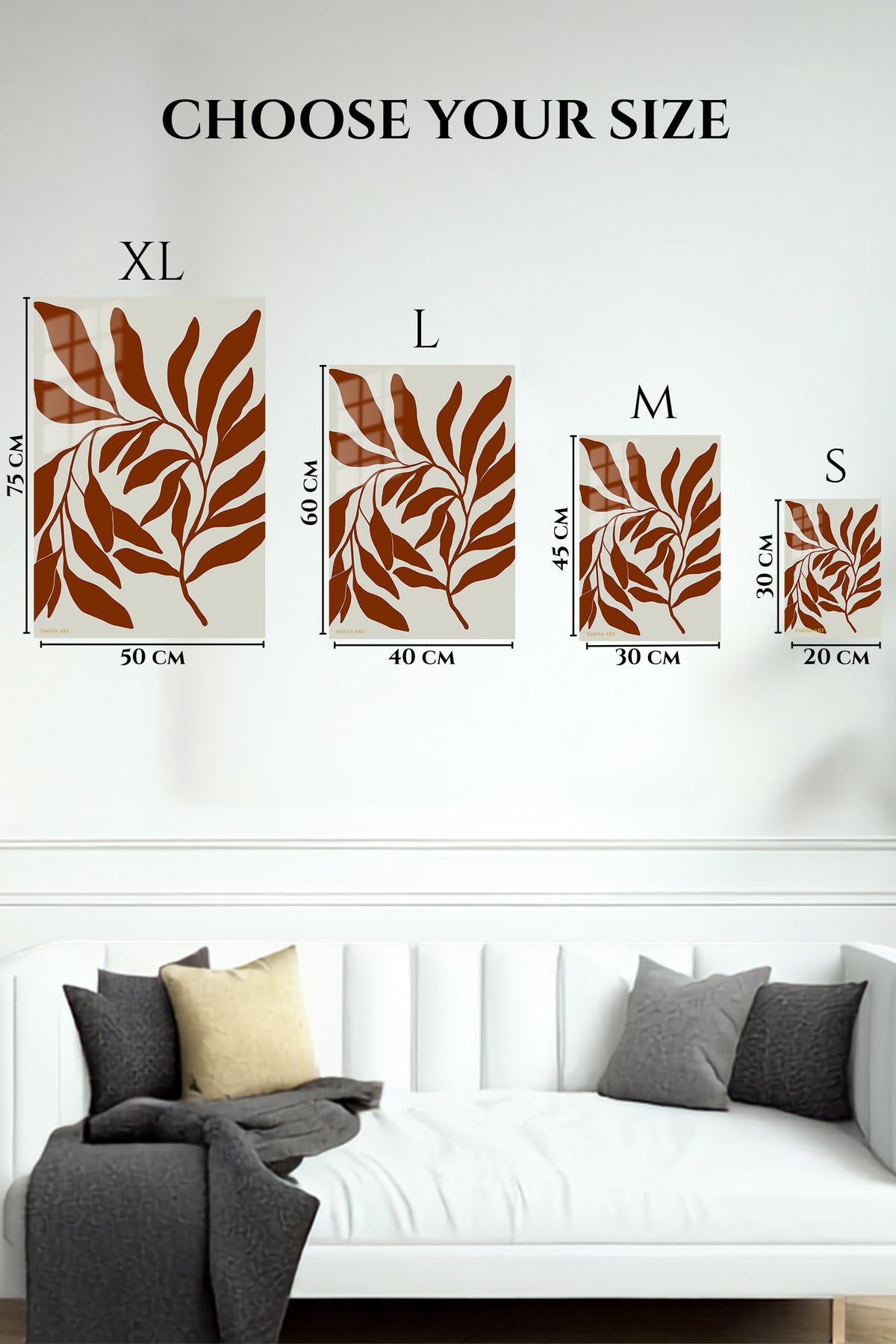 EMESA metal wall art size comparison guide for Rust Botanical Silhouette