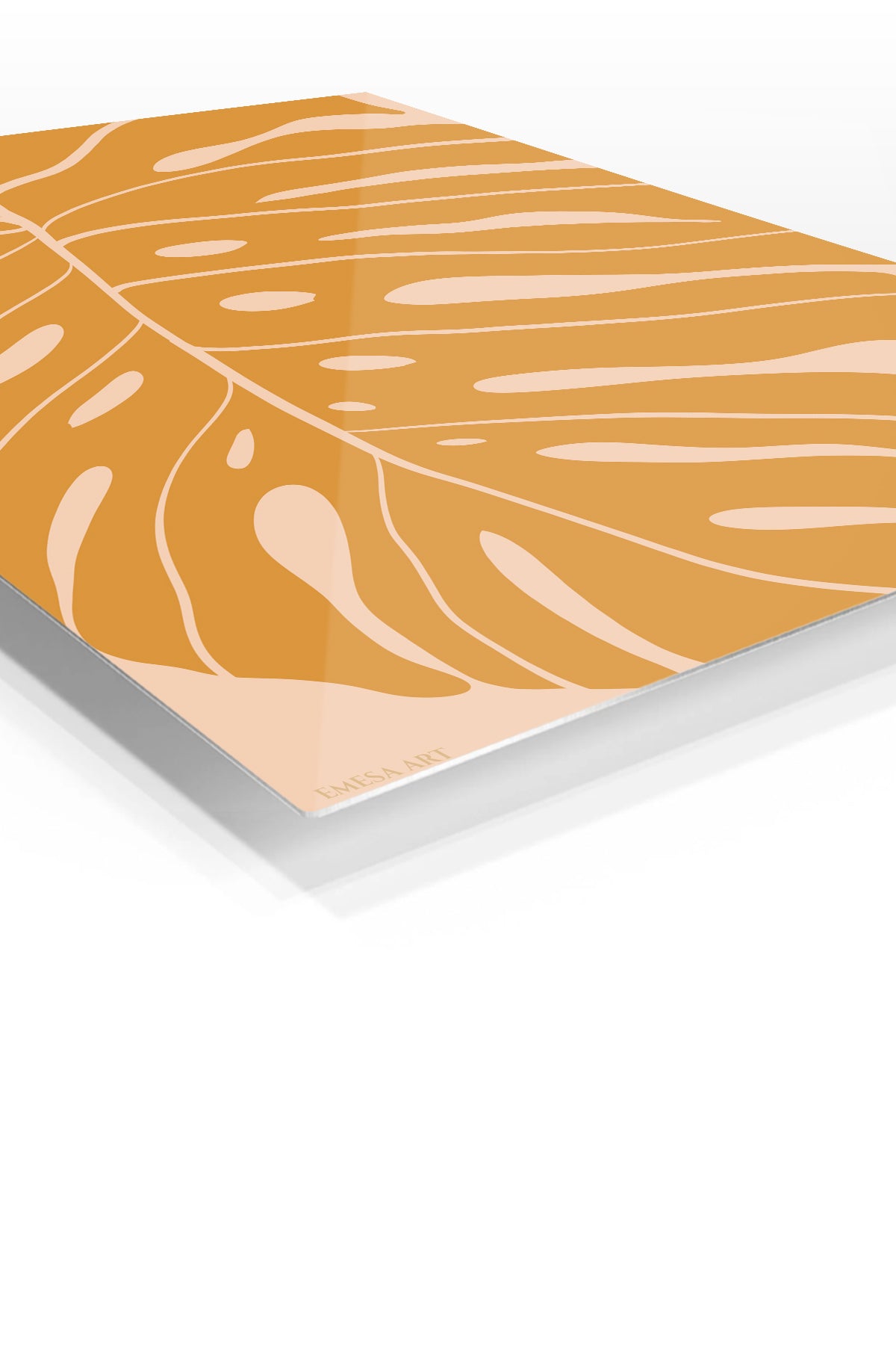 Ochre Monstera Leaf premium metal wall art – angled view