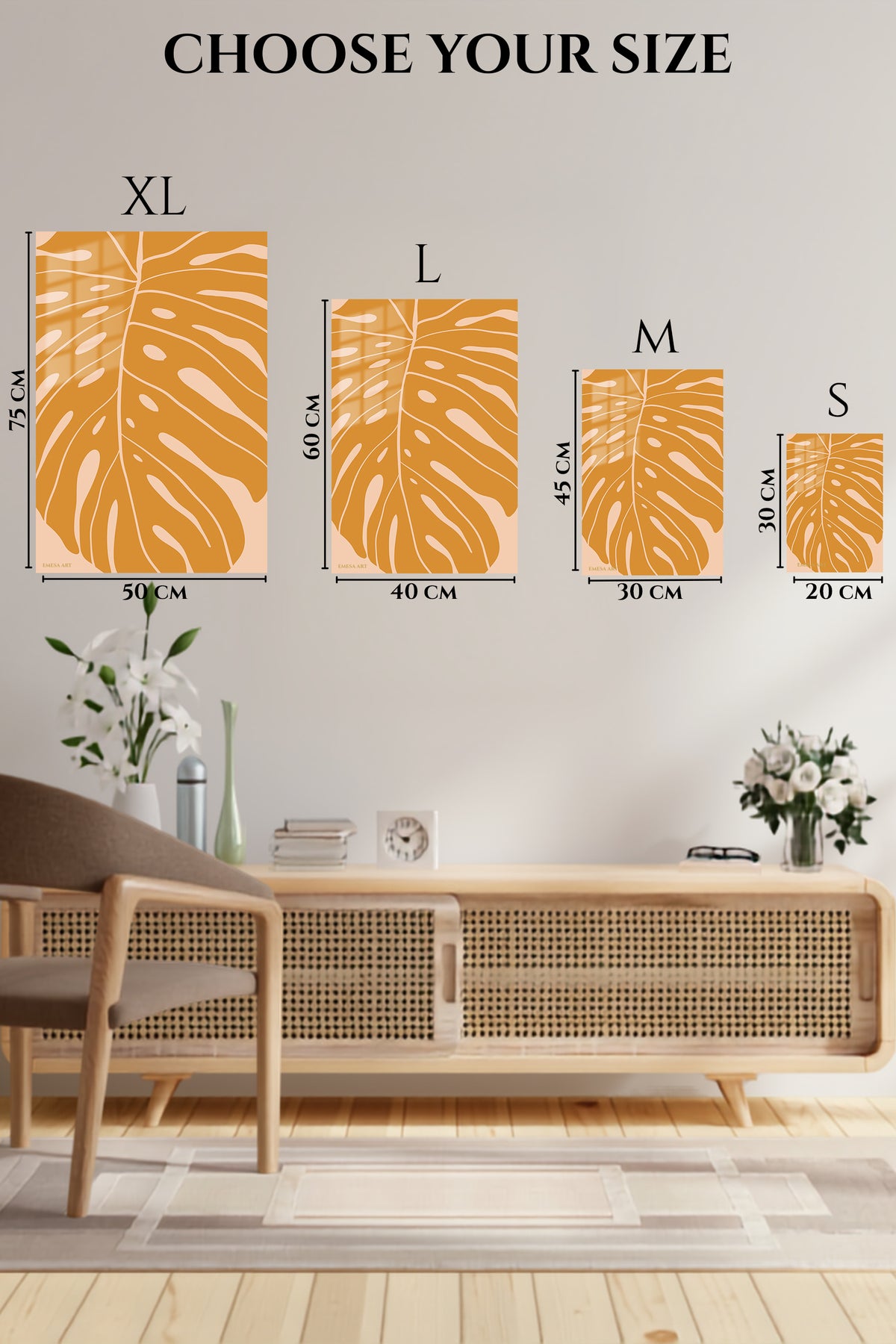 EMESA metal wall art size comparison guide for Ochre Monstera Leaf