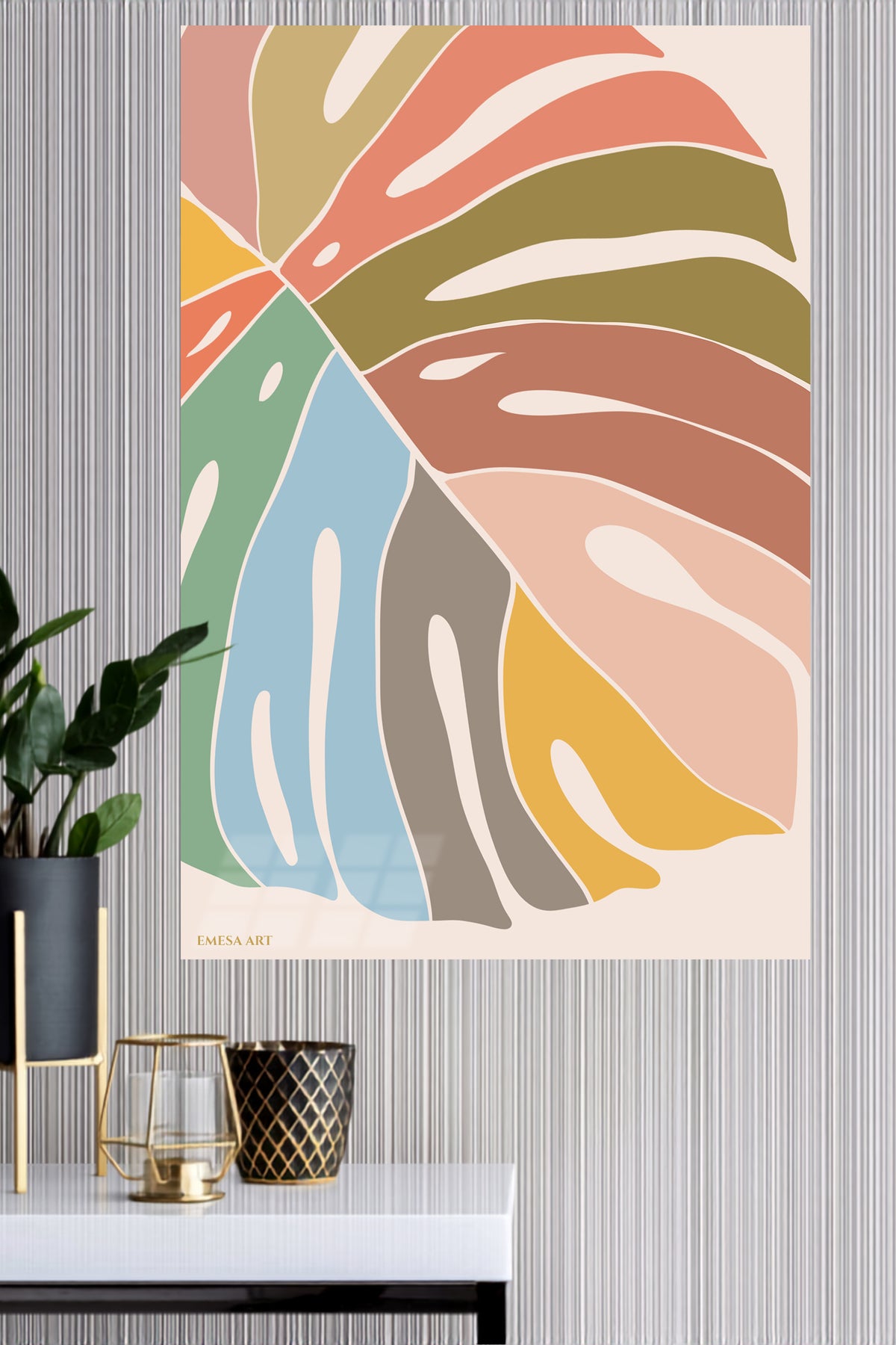 Pastel Monstera Fan metal wall art displayed in a modern interior