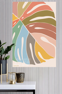 Pastel Monstera Fan metal wall art displayed in a modern interior