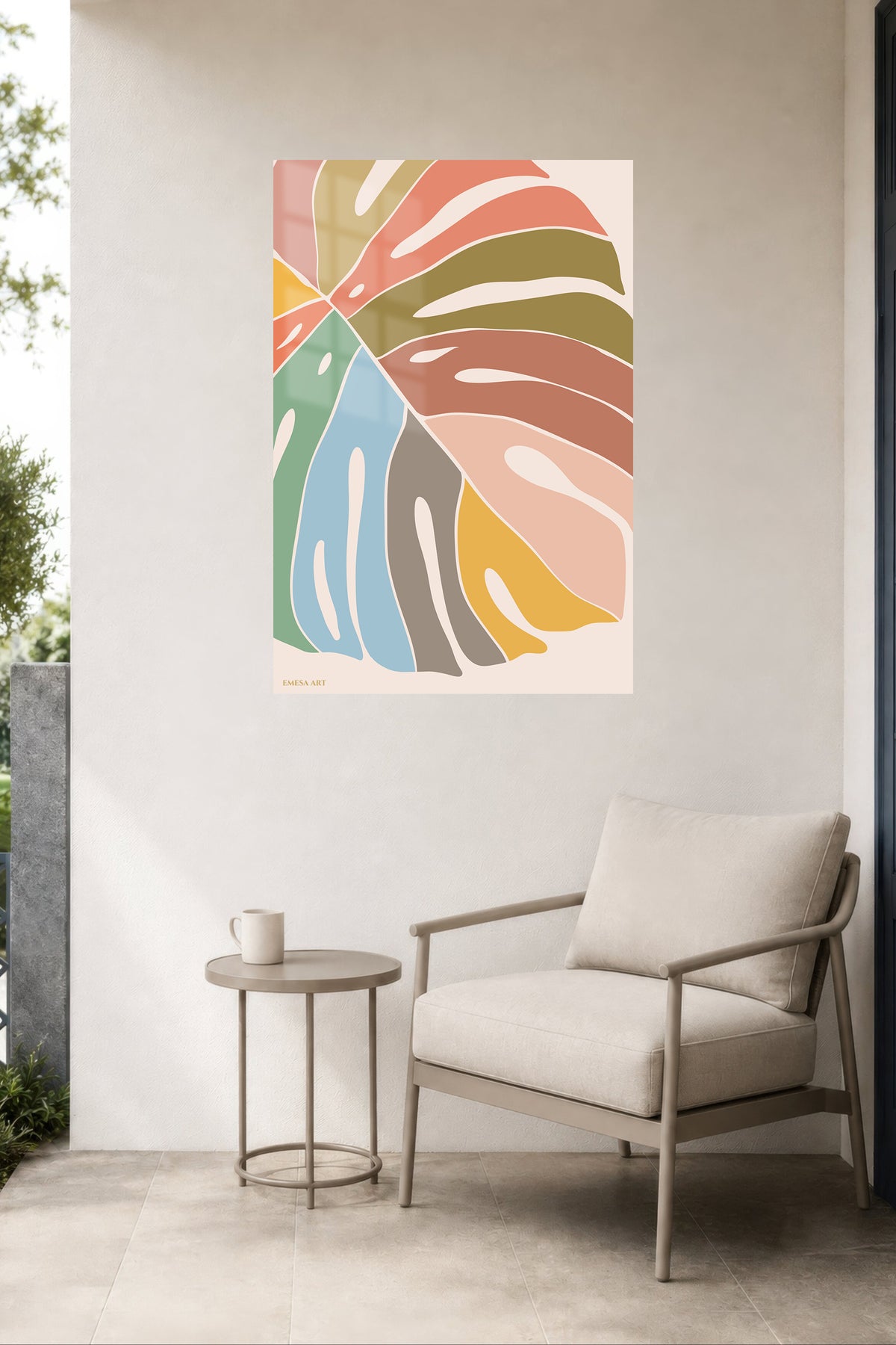 Pastel Monstera Fan metal wall art displayed in a contemporary living space