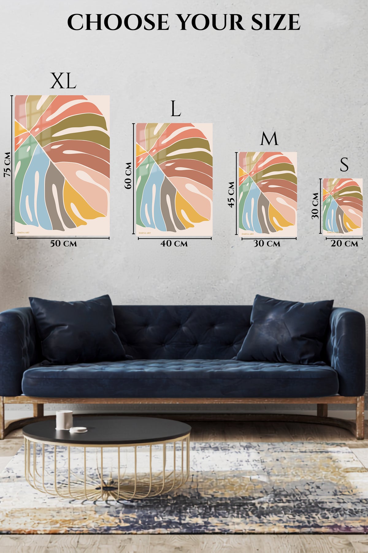 EMESA metal wall art size comparison guide for Pastel Monstera Fan