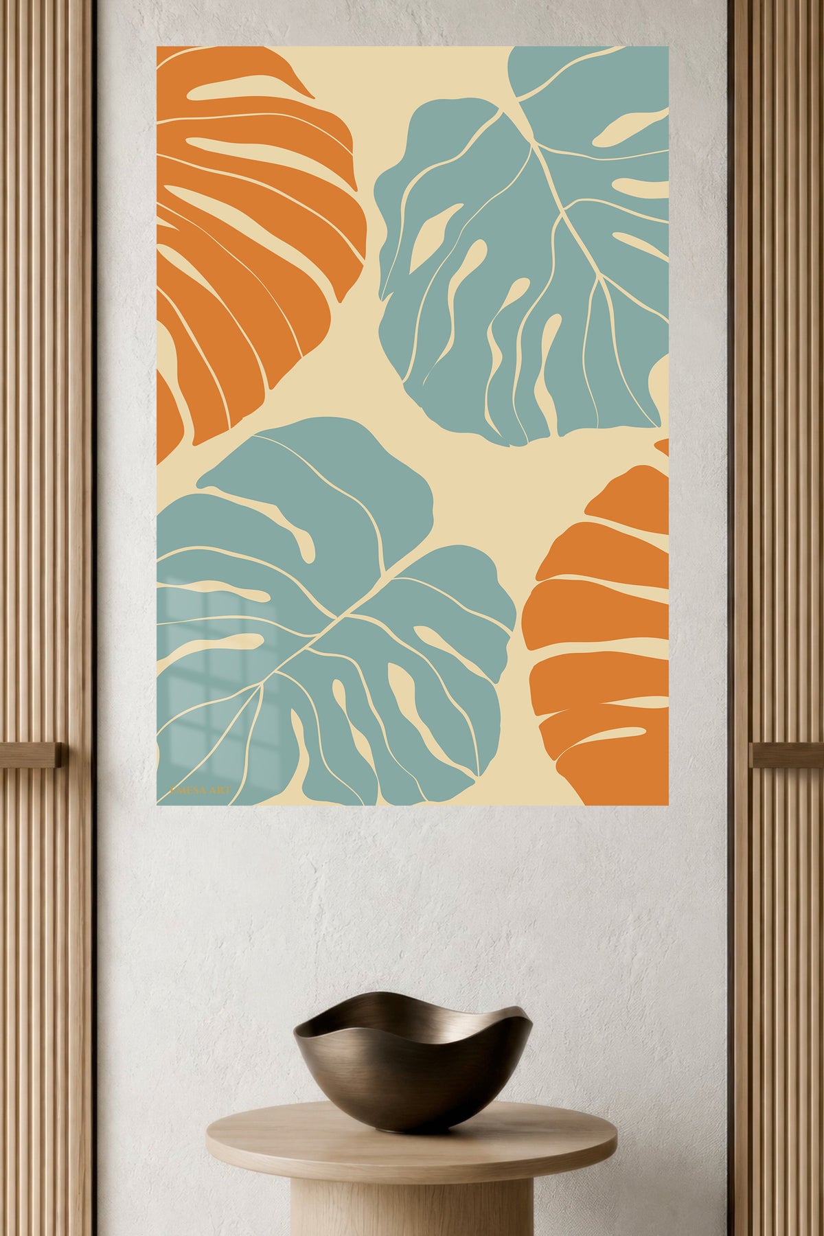 Terracotta and Sage Tropical Leaves metal wall art displayed in a modern interior