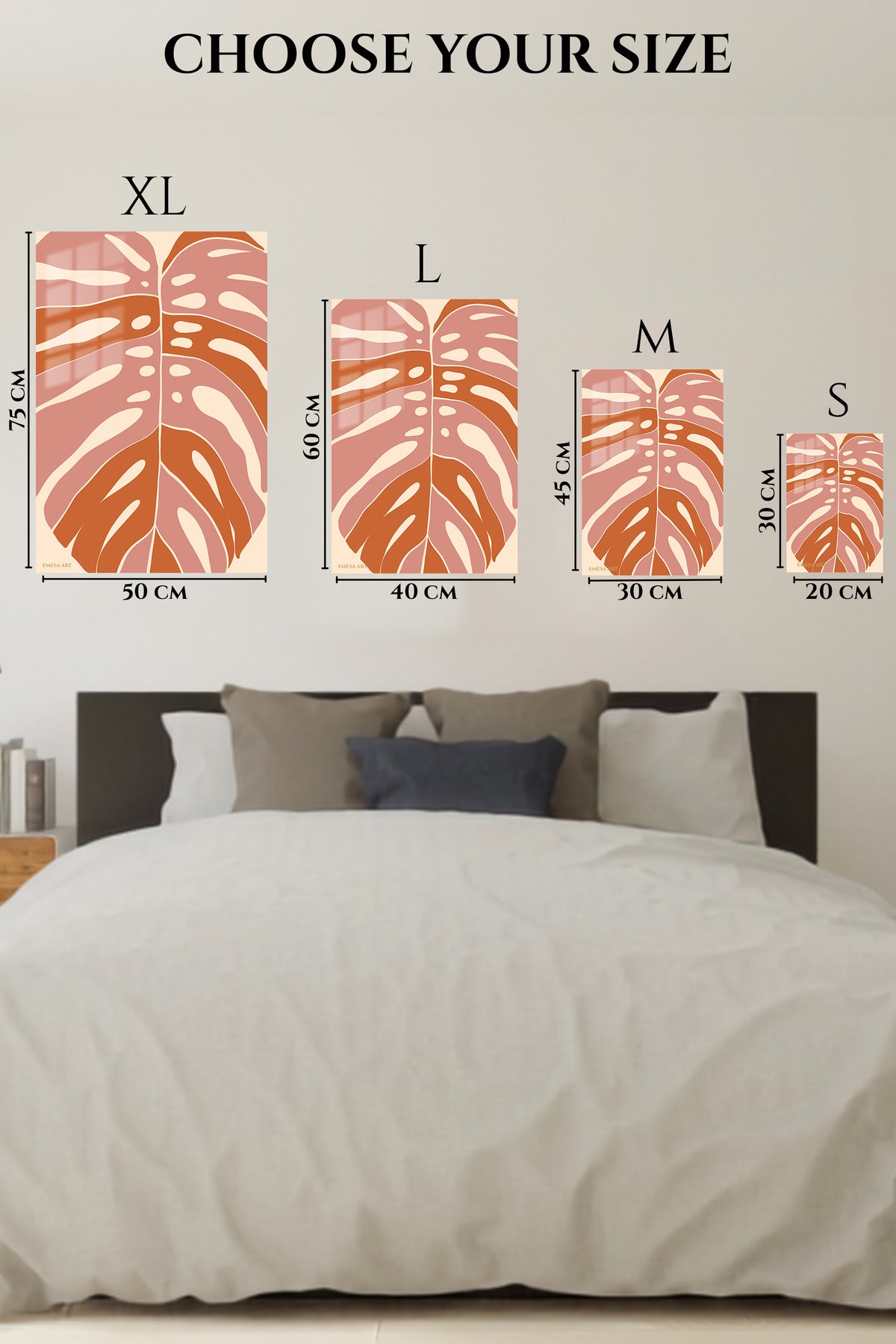 EMESA metal wall art size comparison guide for Terracotta Monstera Leaf
