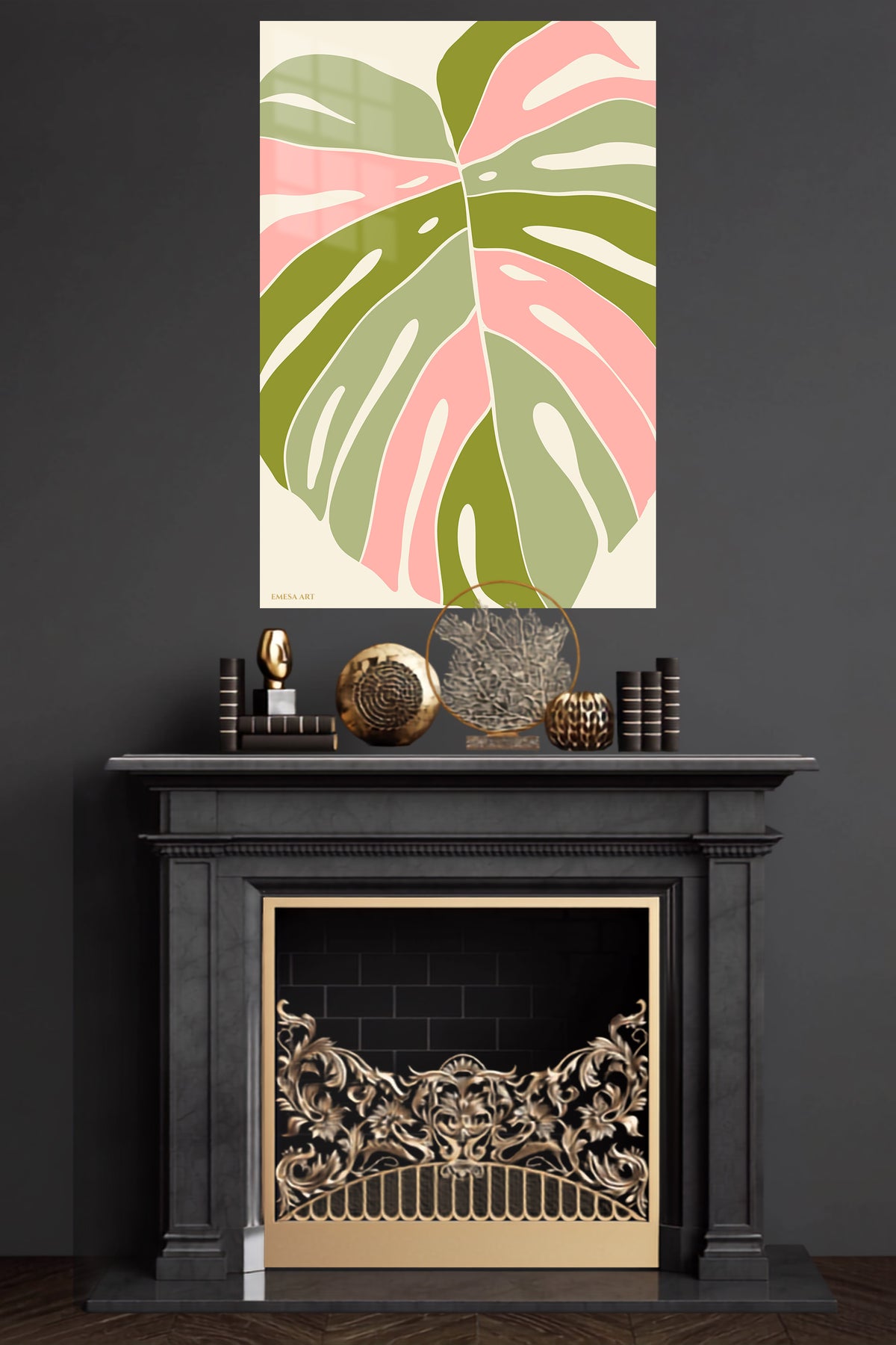 Blush Tropical Leaf metal wall art displayed in a modern interior