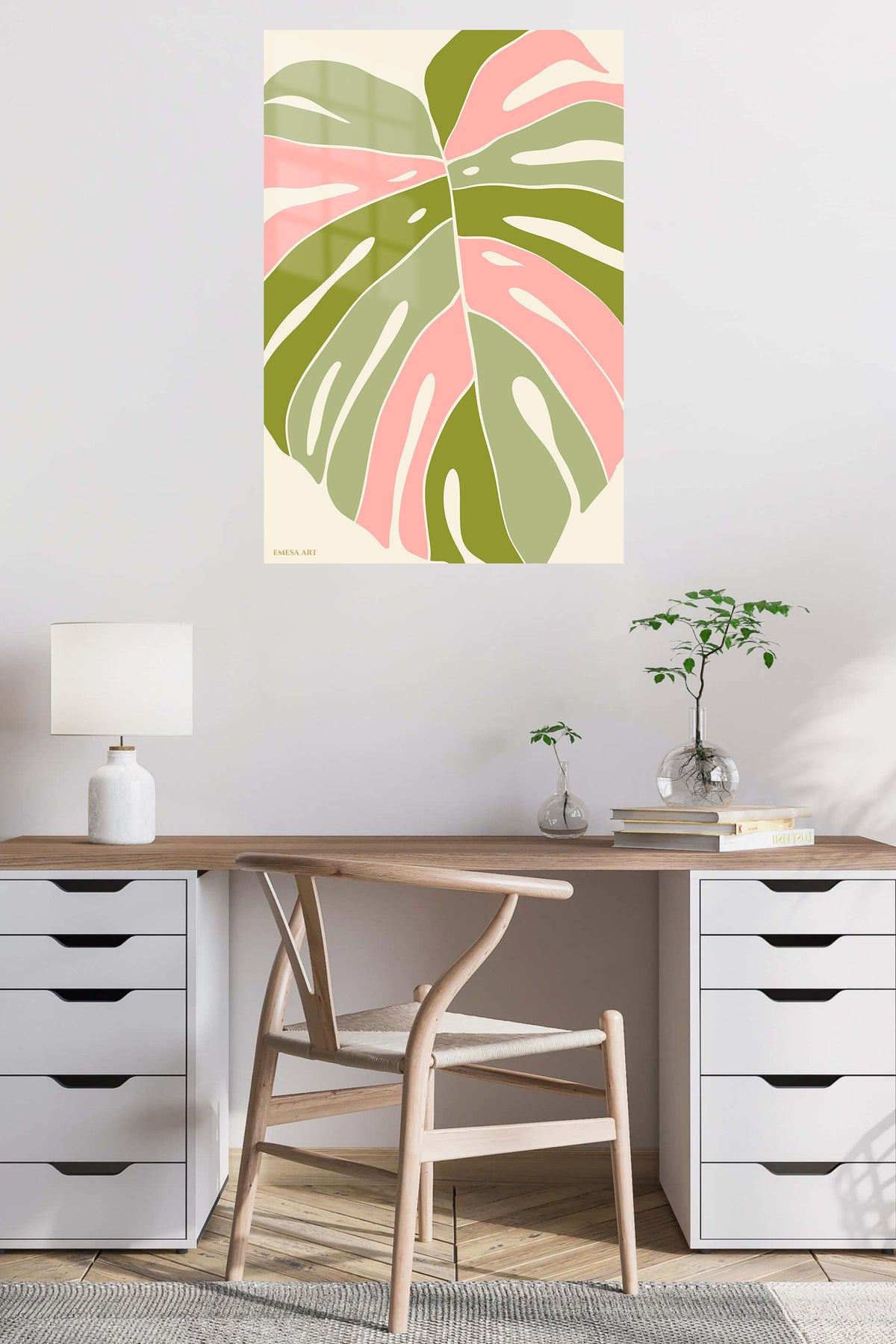 Blush Tropical Leaf metal wall art displayed in a contemporary living space