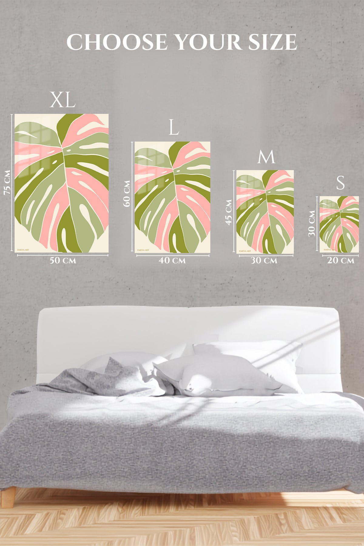 EMESA metal wall art size comparison guide for Blush Tropical Leaf