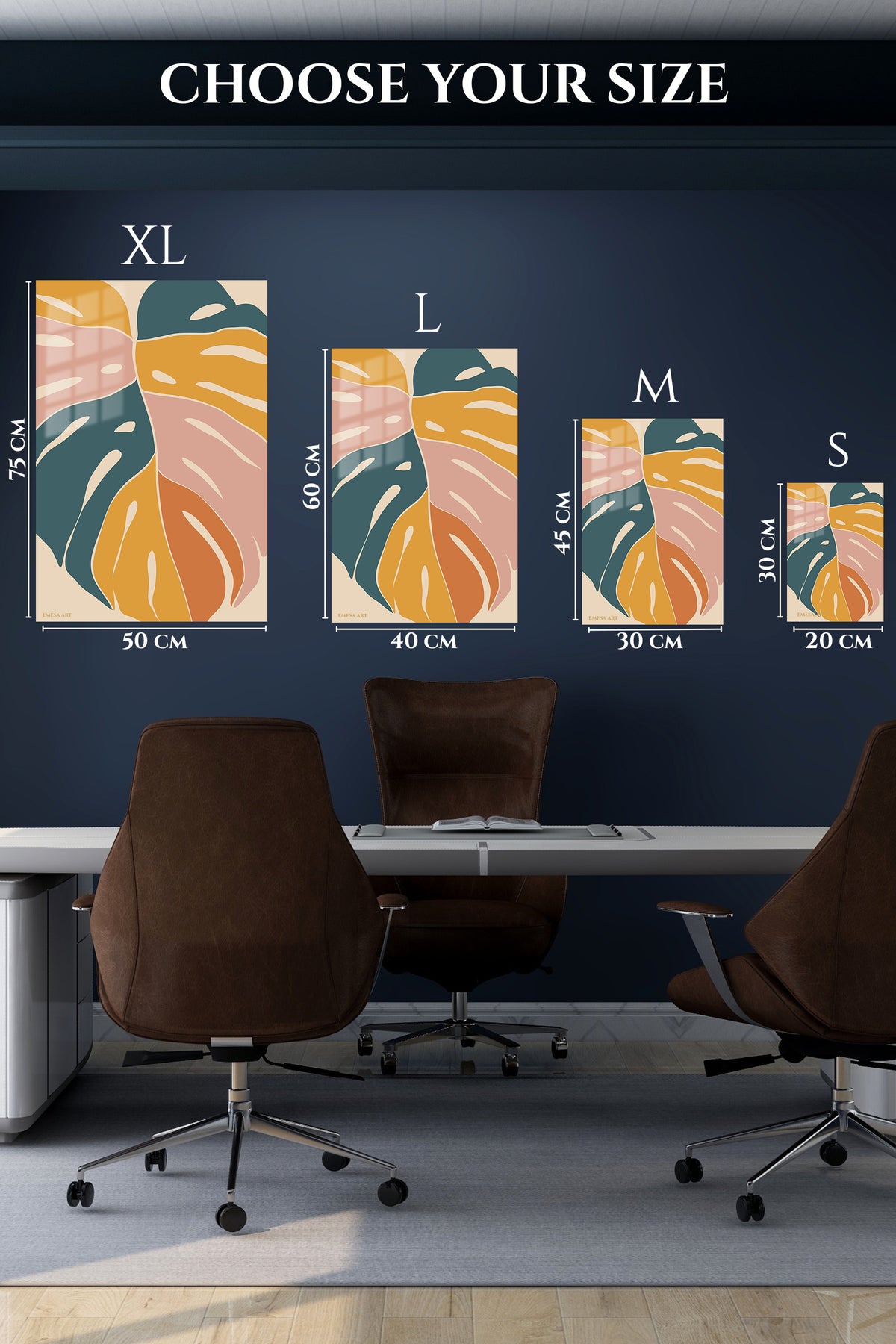 EMESA metal wall art size comparison guide for Earthtone Tropical Leaves
