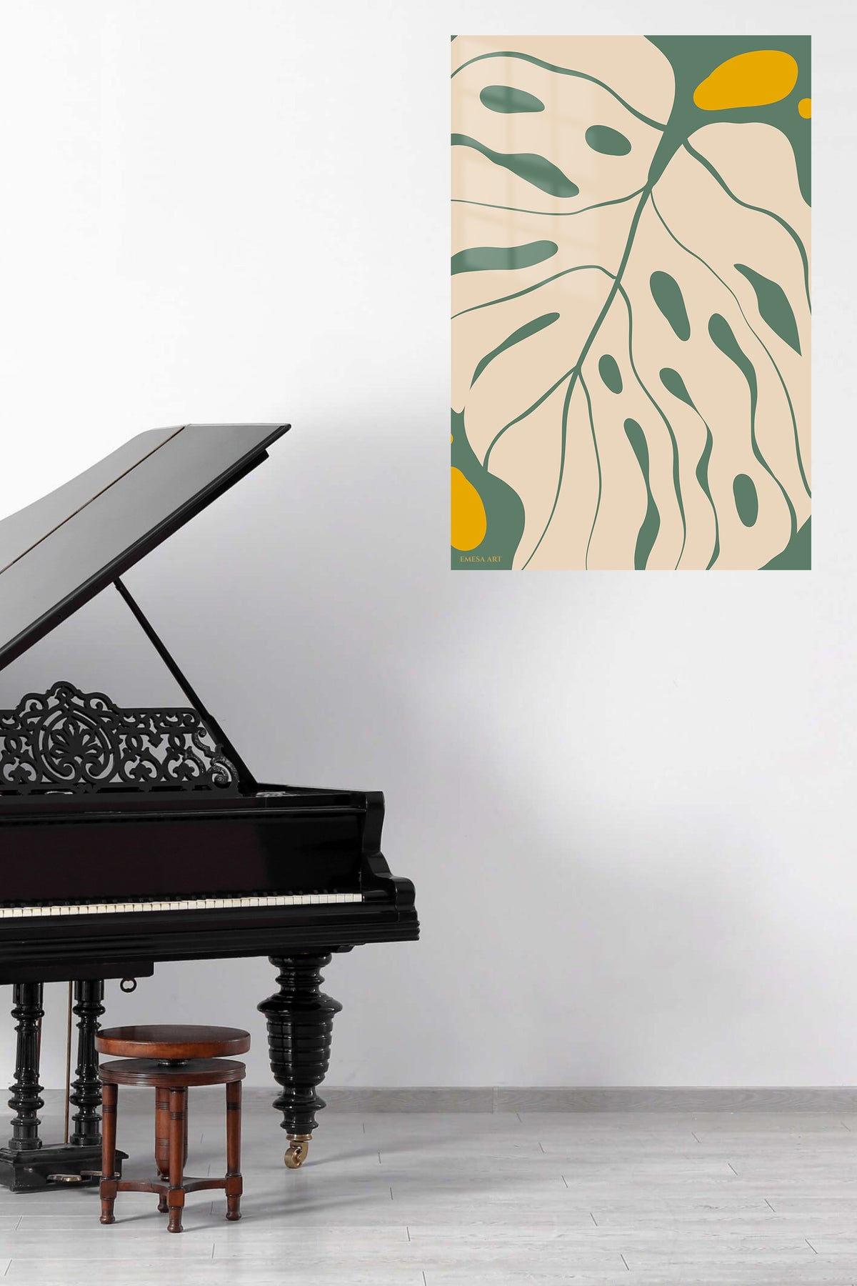 Ochre and Sage Abstract Botanicals metal wall art displayed in a contemporary living space