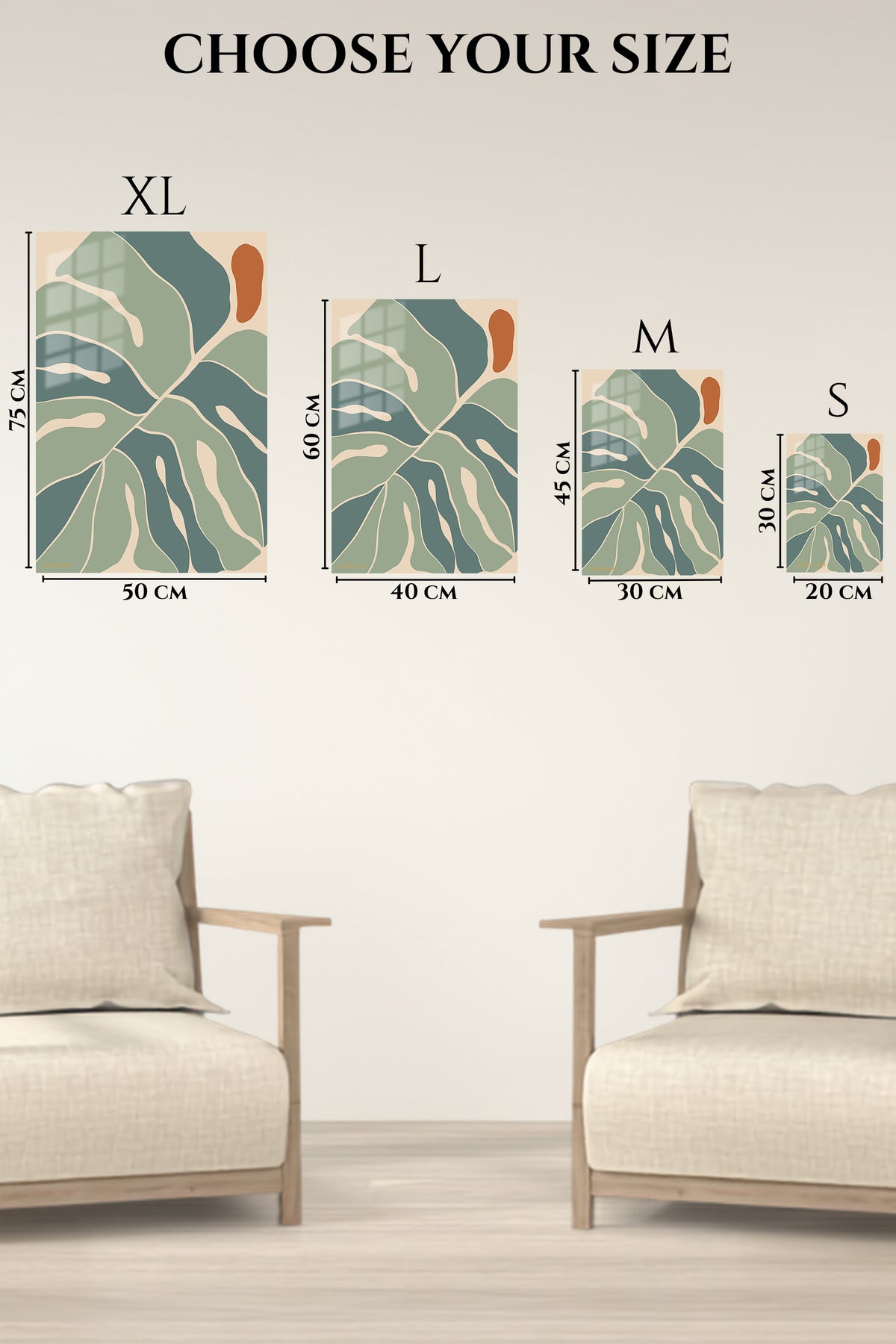 EMESA metal wall art size comparison guide for Earth Tone Abstract Leaves