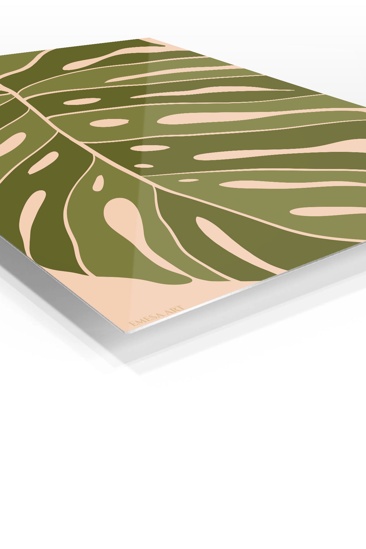 Olive Monstera Silhouette premium metal wall art – angled view