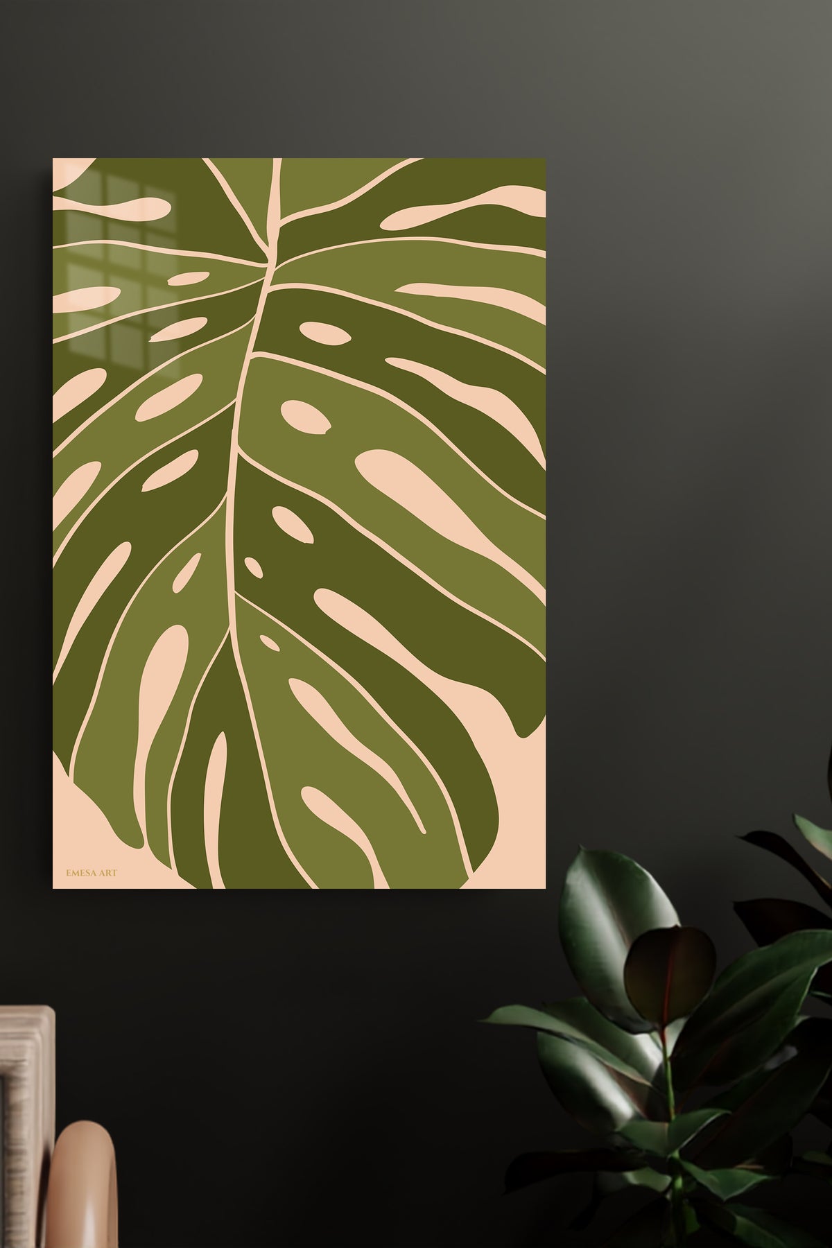 Olive Monstera Silhouette metal wall art displayed in a modern interior
