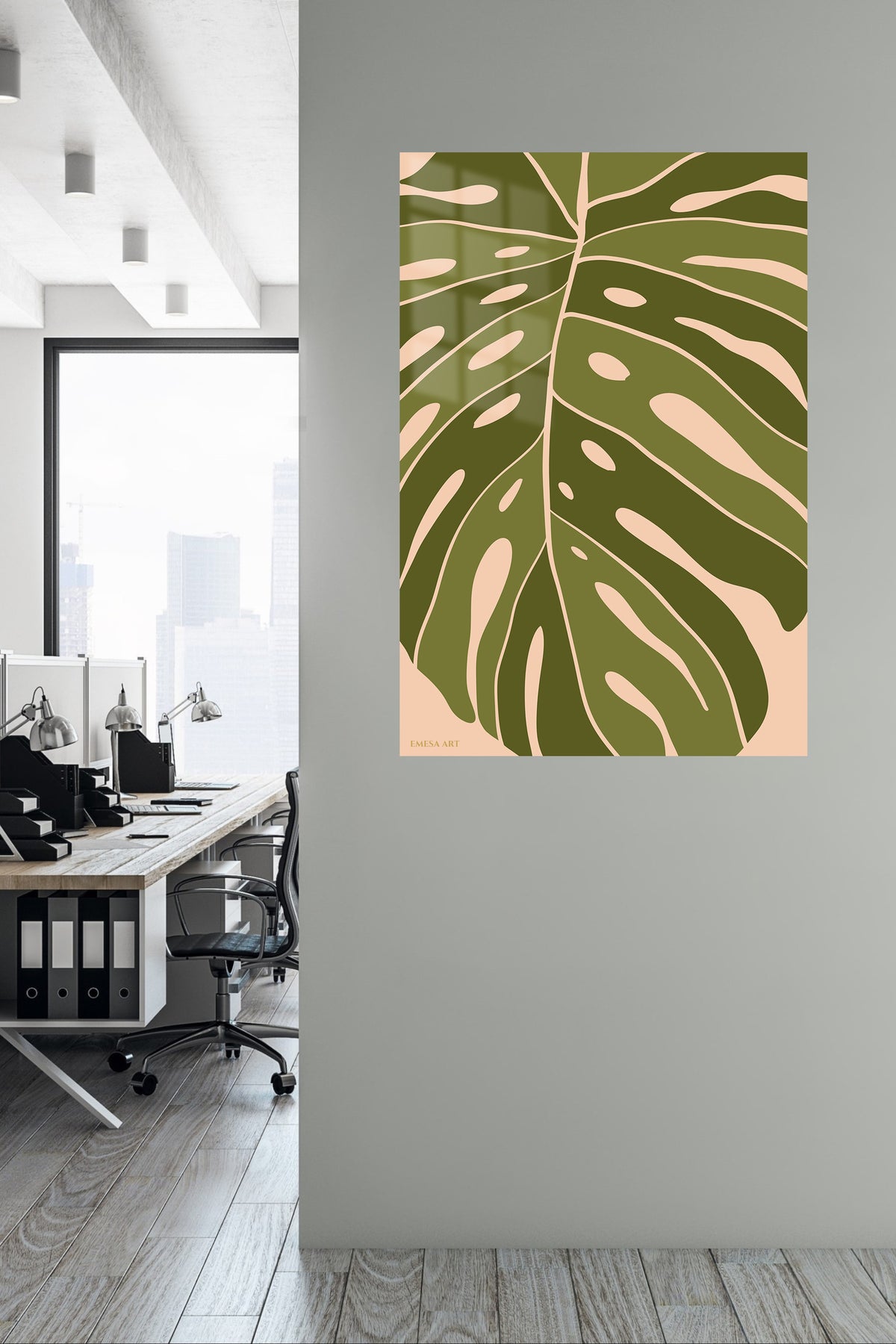 Olive Monstera Silhouette metal wall art displayed in a contemporary living space