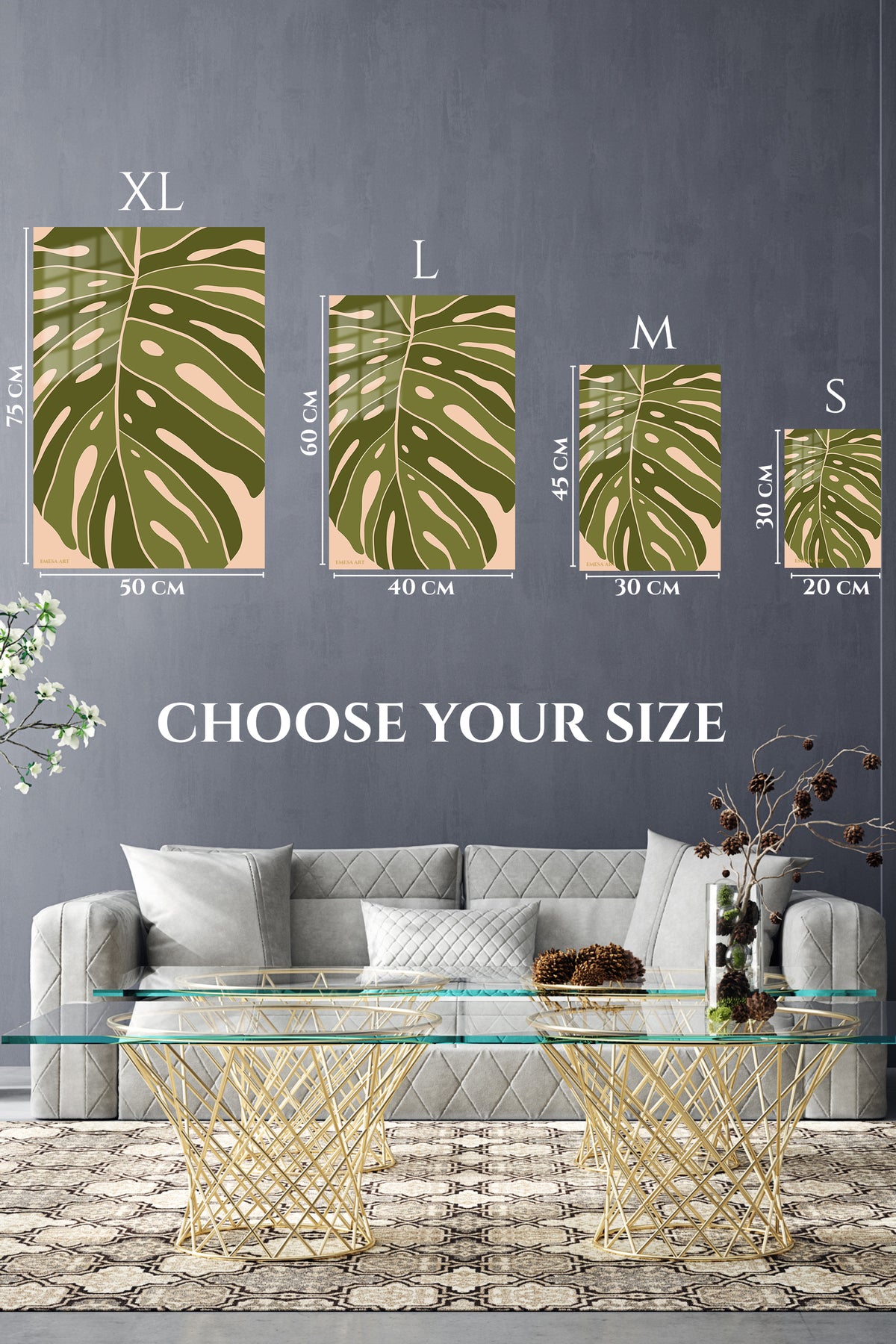 EMESA metal wall art size comparison guide for Olive Monstera Silhouette